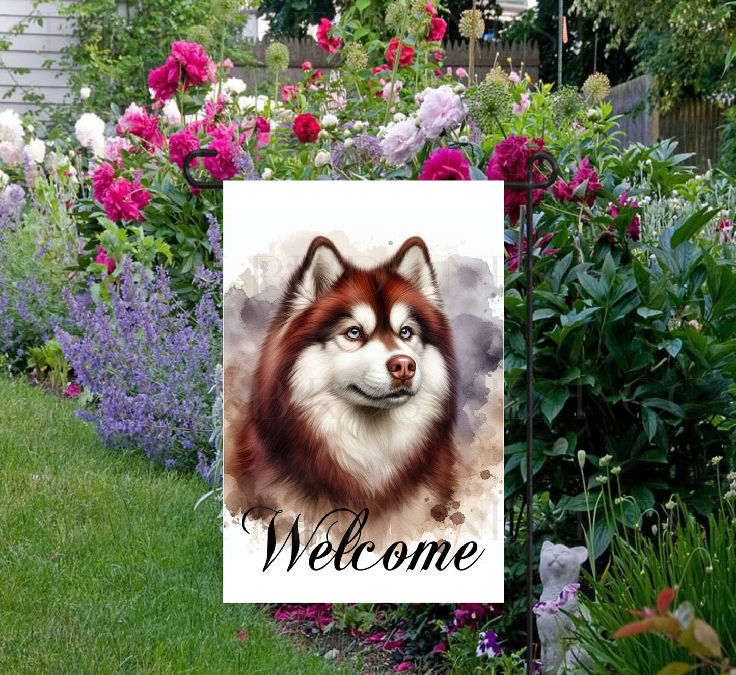 A beautiful Welcome Garden Flag with a red and white Siberian Husky dog.