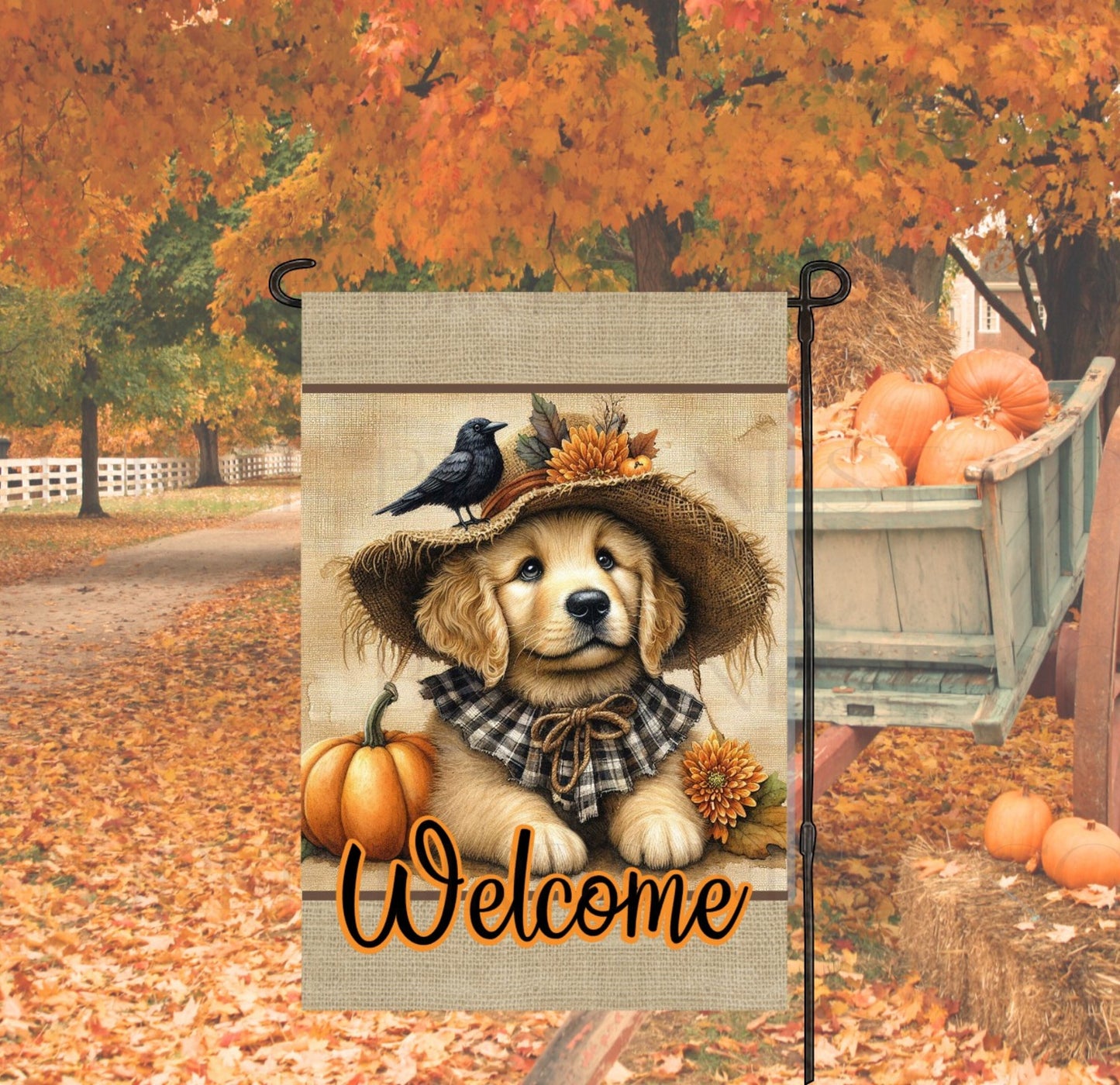 An adorable Golden Retriever Puppy Dog dressed as a Scarecrow with a Welcome Fall message.