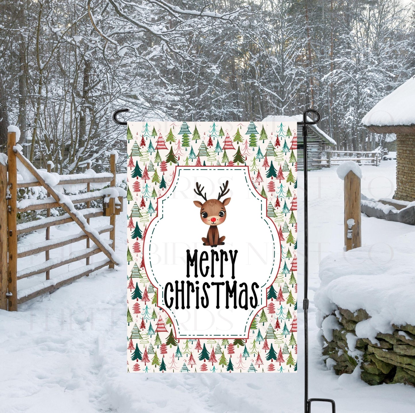 An adorable Reindeer with abstract Christmas trees.