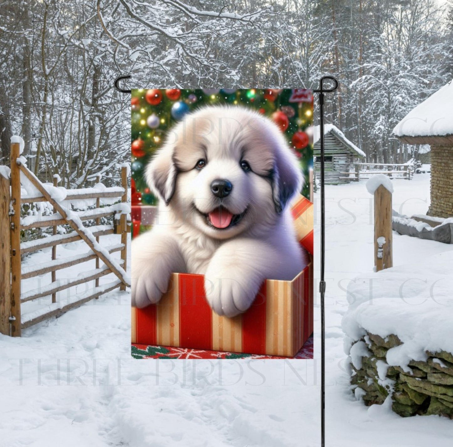 A Great Pyrenees Dog in a Christmas gift box,