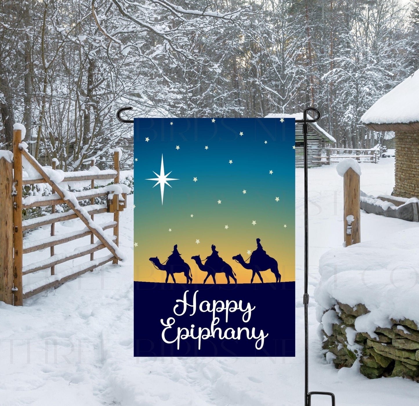 Happy Epiphany with the three Wise Men traveling through the desert.