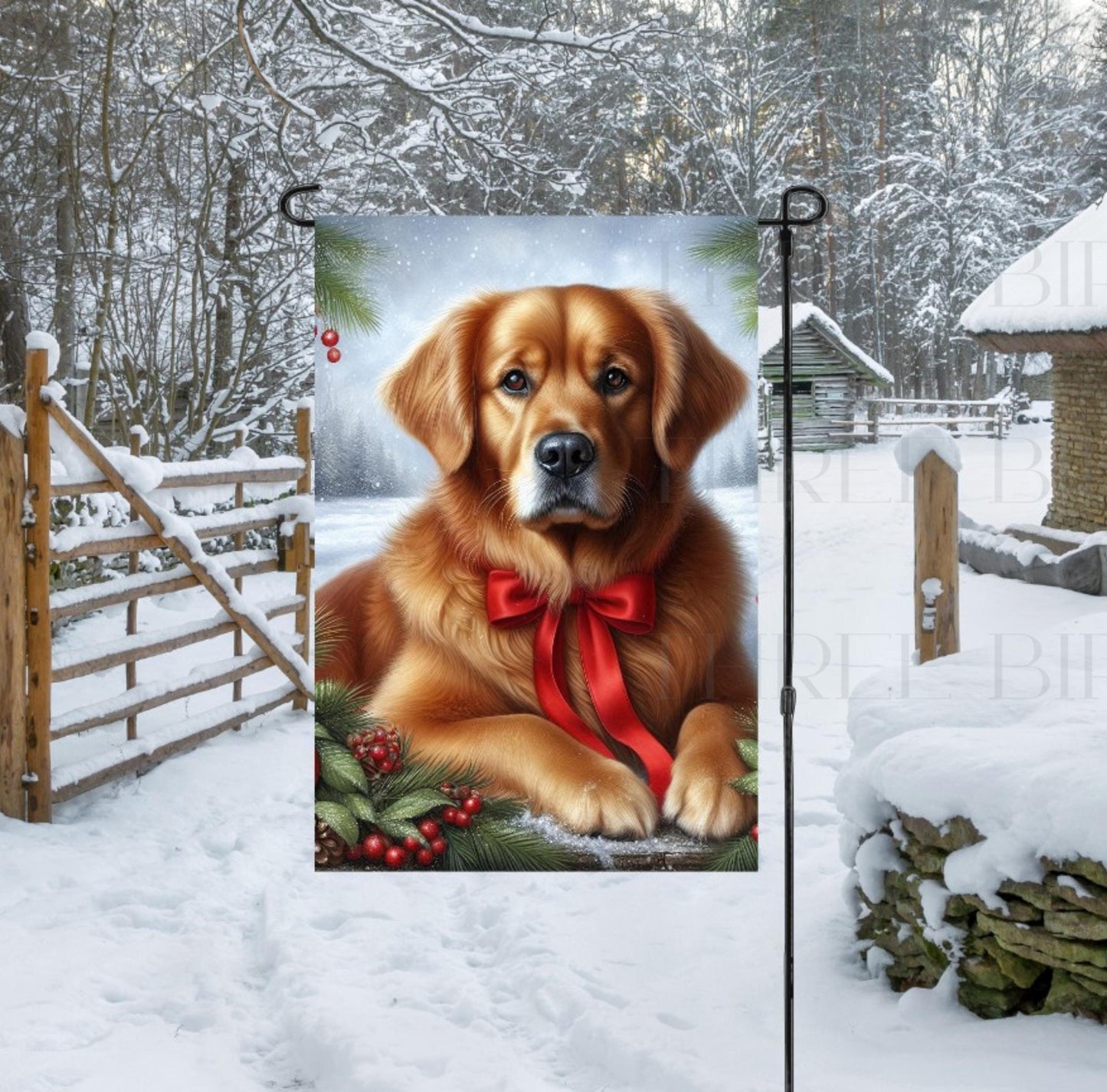 A dark Golden Retriever in a Winter setting with a red bow on