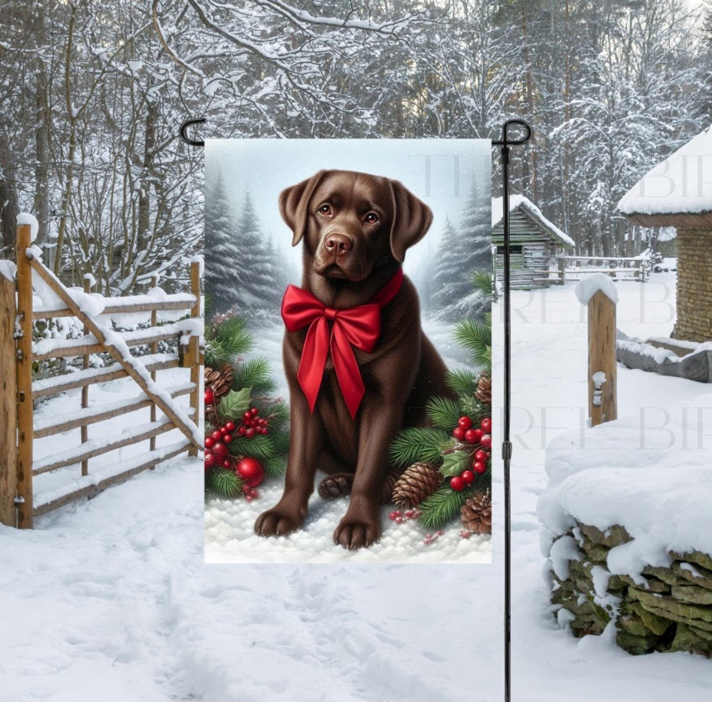 A beautiful chocolate Labrador Retriever in a Winter setting wearing a red bow.