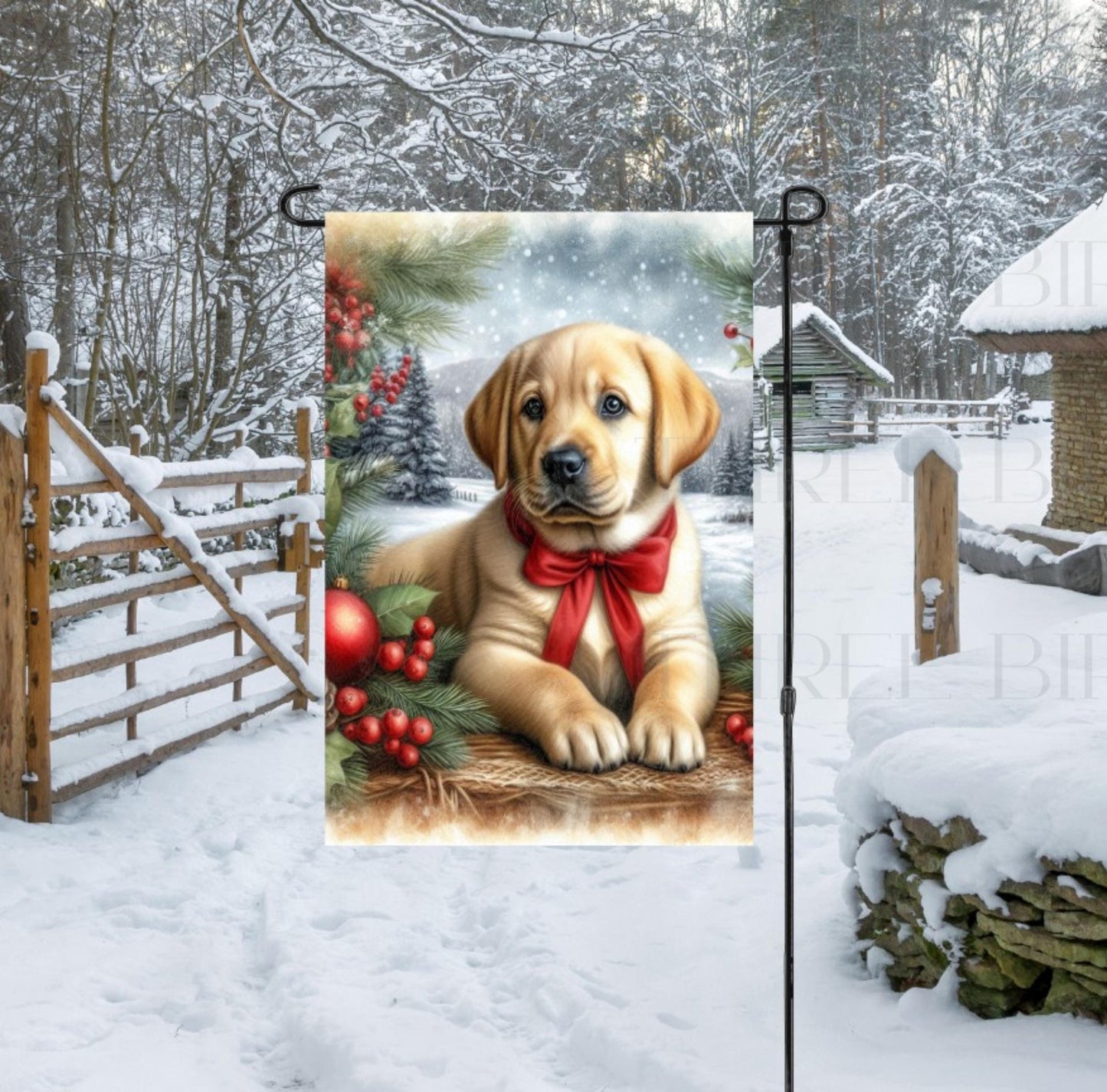 A beautiful yellow Labrador Retriever in a Winter setting wearing a red bow.