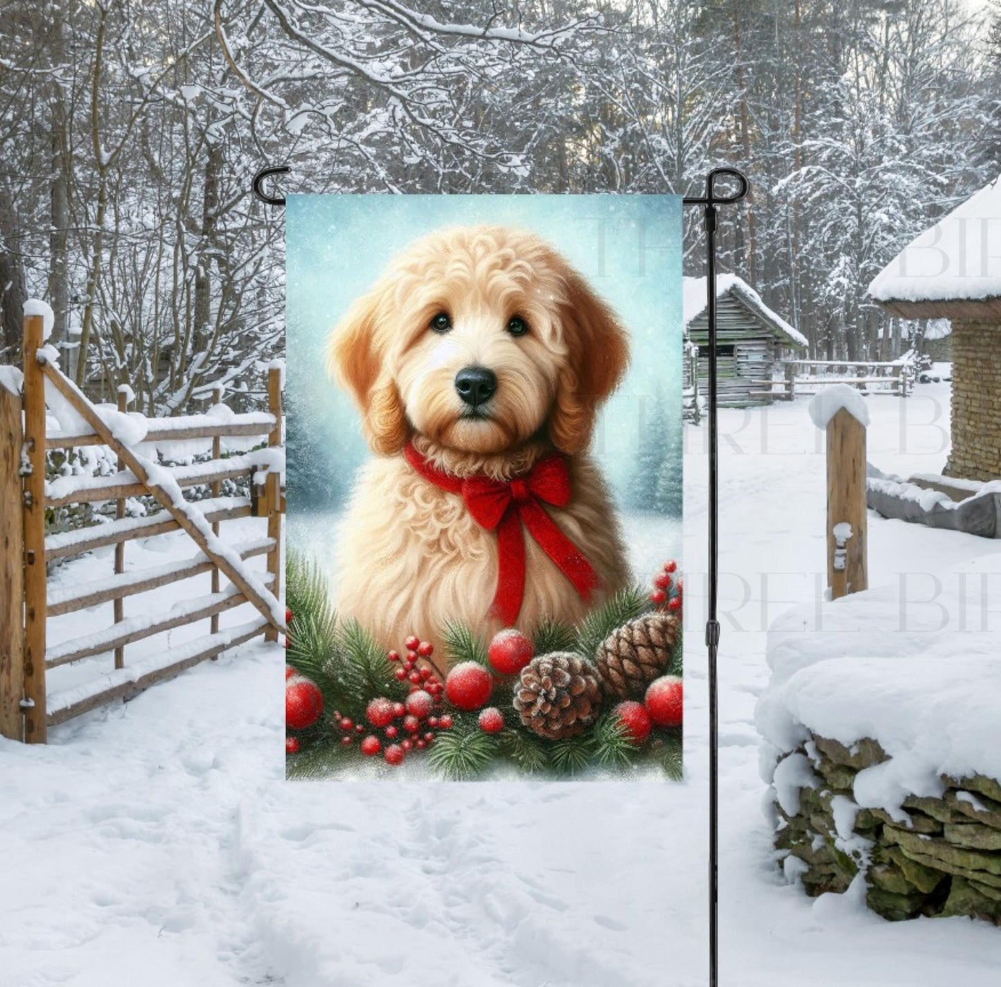 A beautiful Golden Doodle in a Winter setting wearing a red bow.