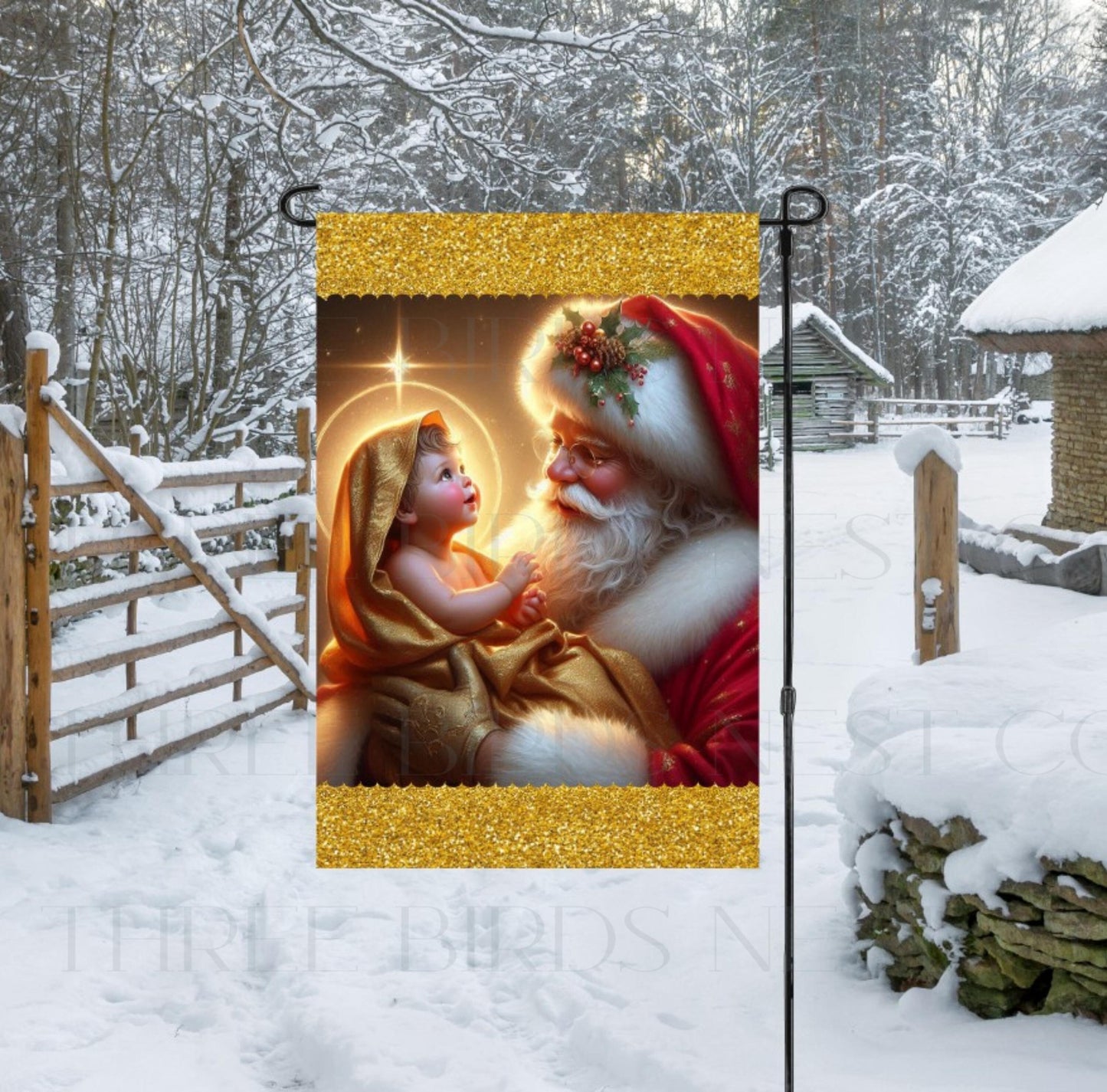 Santa Claus holding and admiring the baby Jesus in this elegant Garden Flag trimmed in gold faux glitter.