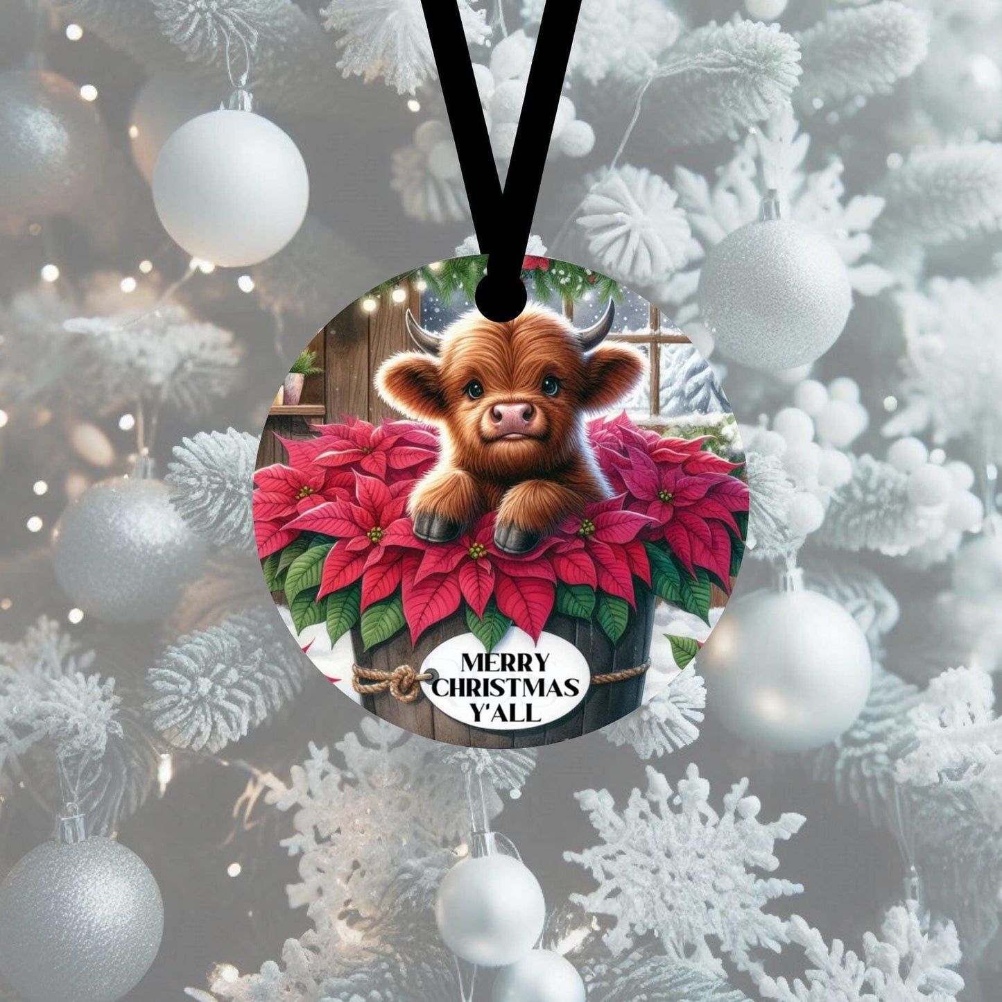 An adorable baby Highland Cow in a wooden tub surrounded by poinsettias.