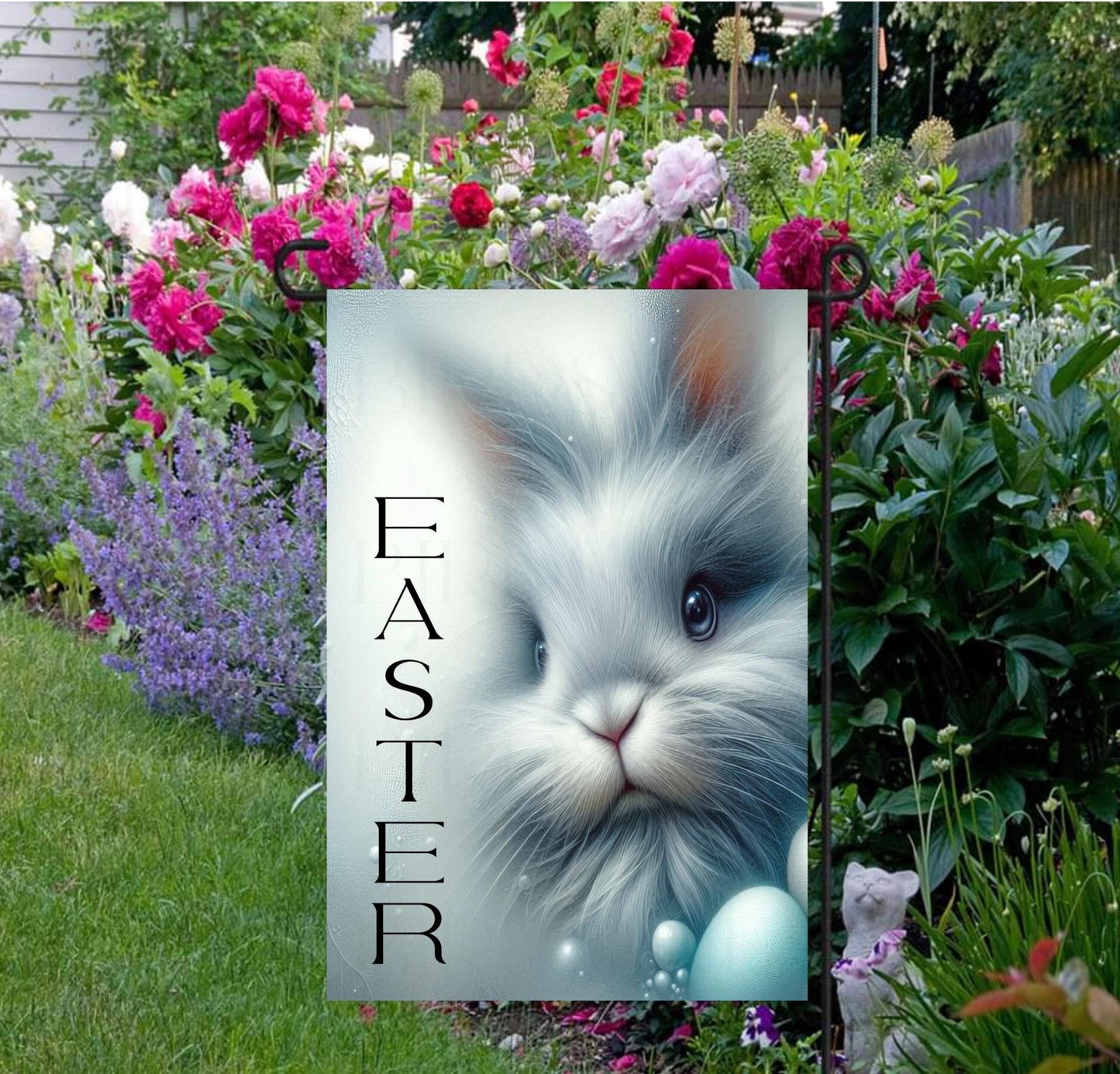 An adorable grey fluffy Easter Bunny with pearly eggs and accents