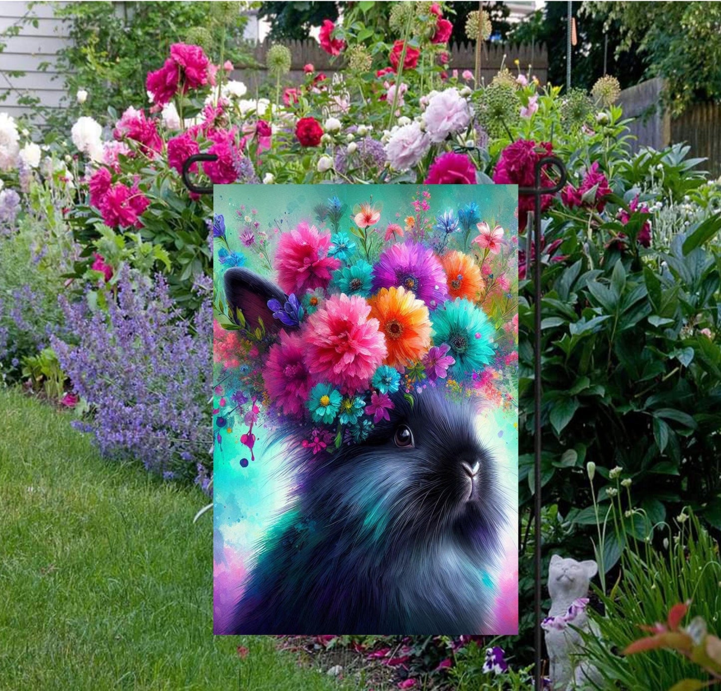 An adorable black fluffy Easter Bunny with a beautiful bright flower crown