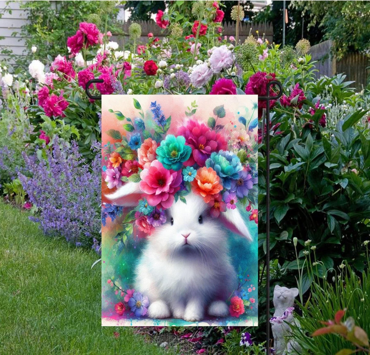 An adorable white fluffy Easter Bunny with a beautiful bright flower crown