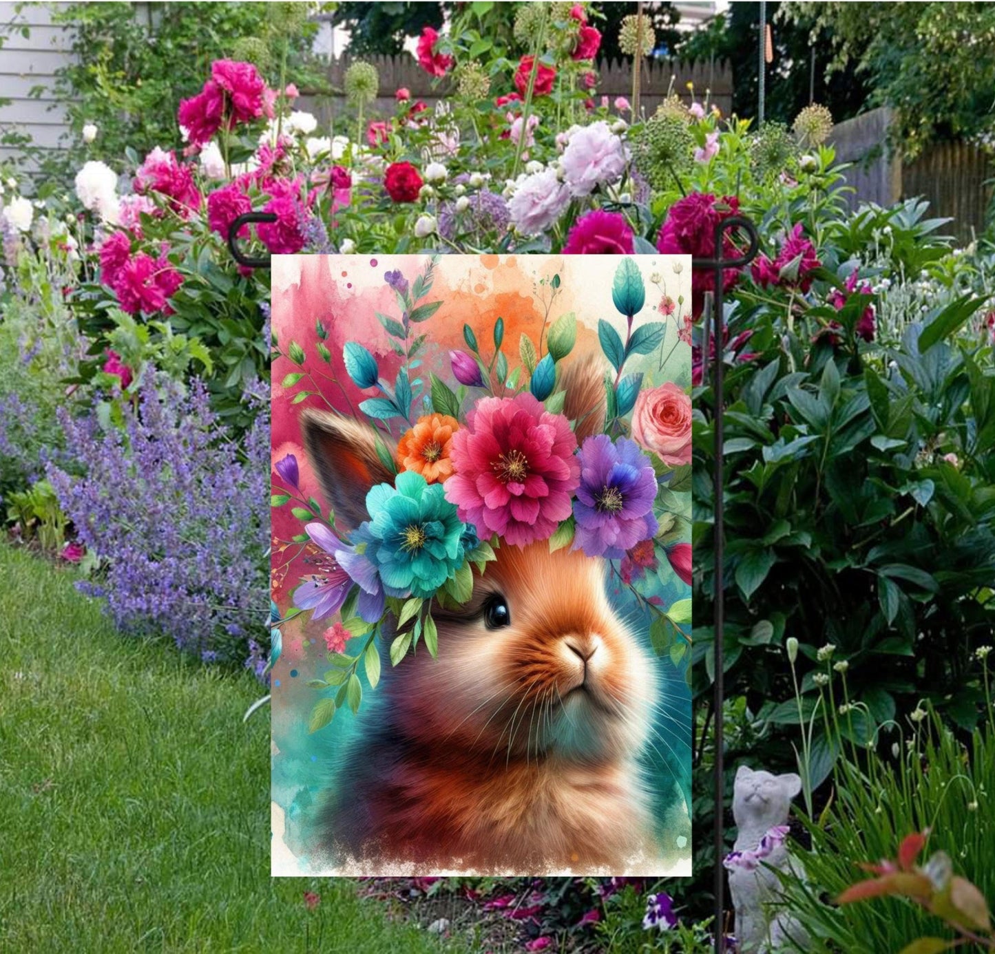 An adorable tan fluffy Easter Bunny with a beautiful bright flower crown