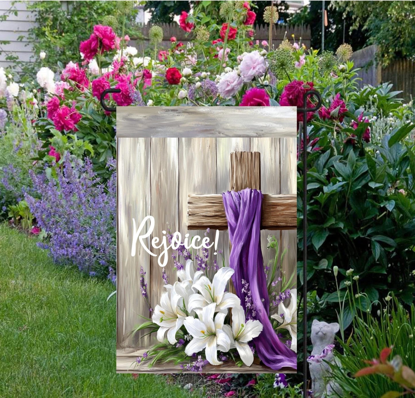 Rejoice! A beautiful rustic wooden Easter Cross with a purple sash and lilies.