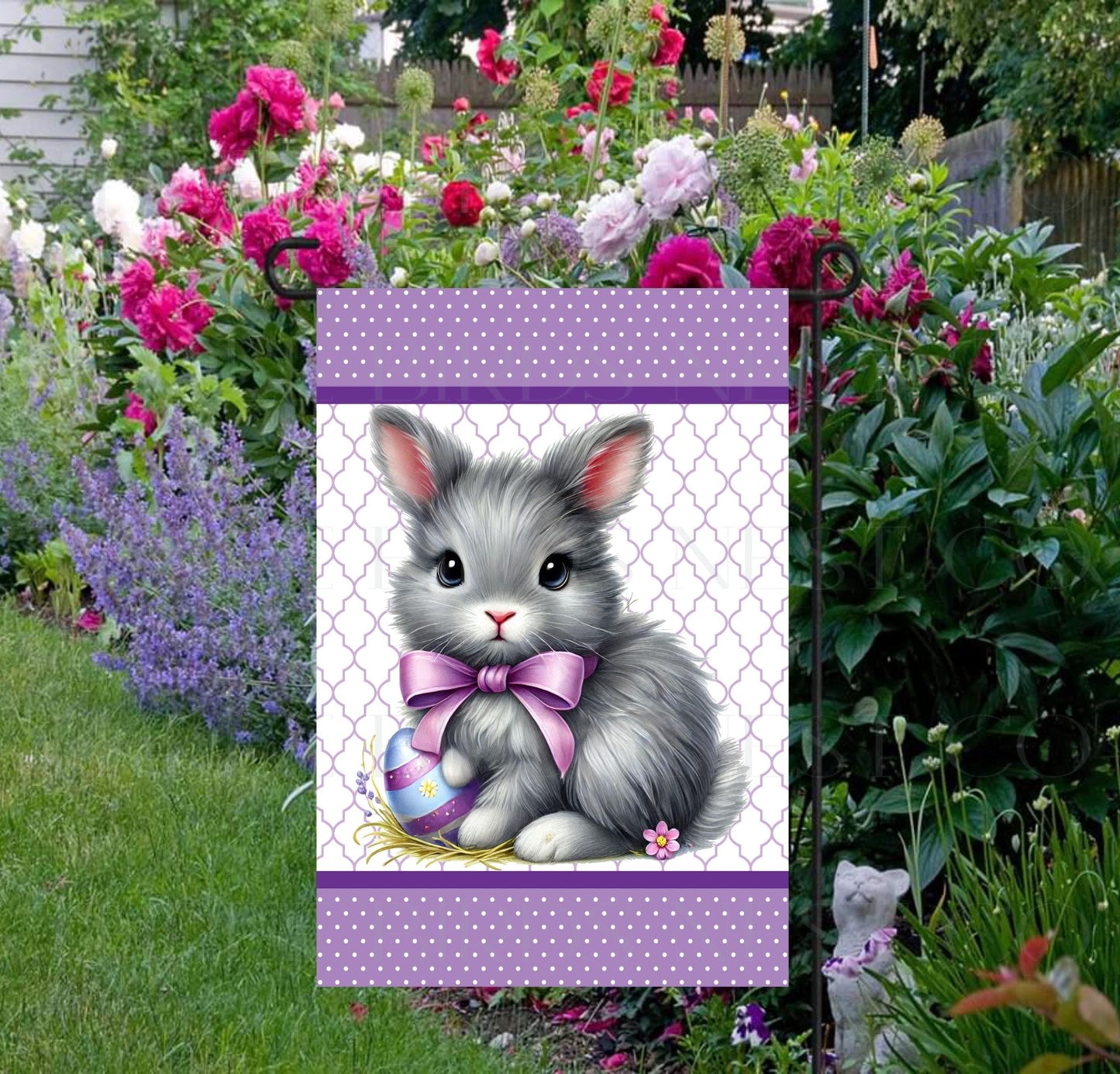 An adorable grey fluffy Easter Bunny will be the perfect addition to your yard!