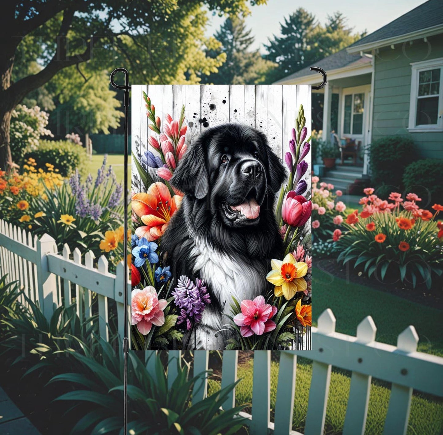 A beautiful Landseer Newfoundland dog surrounded by gorgeous flowers.