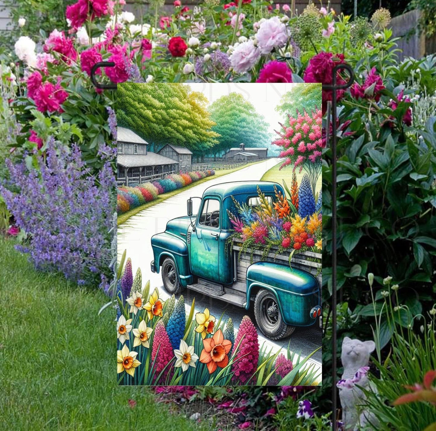 A beautiful vintage teal truck carrying spring flowers