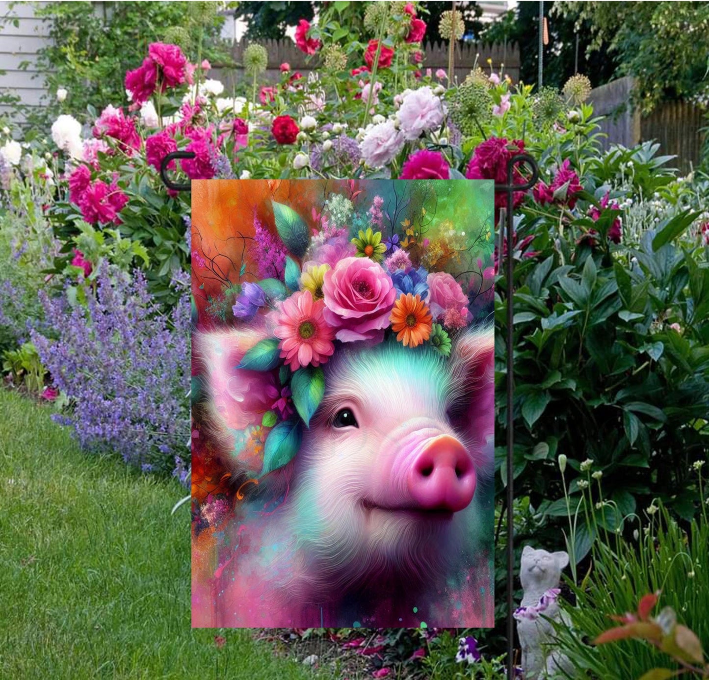 An adorable floral pig Garden Flag