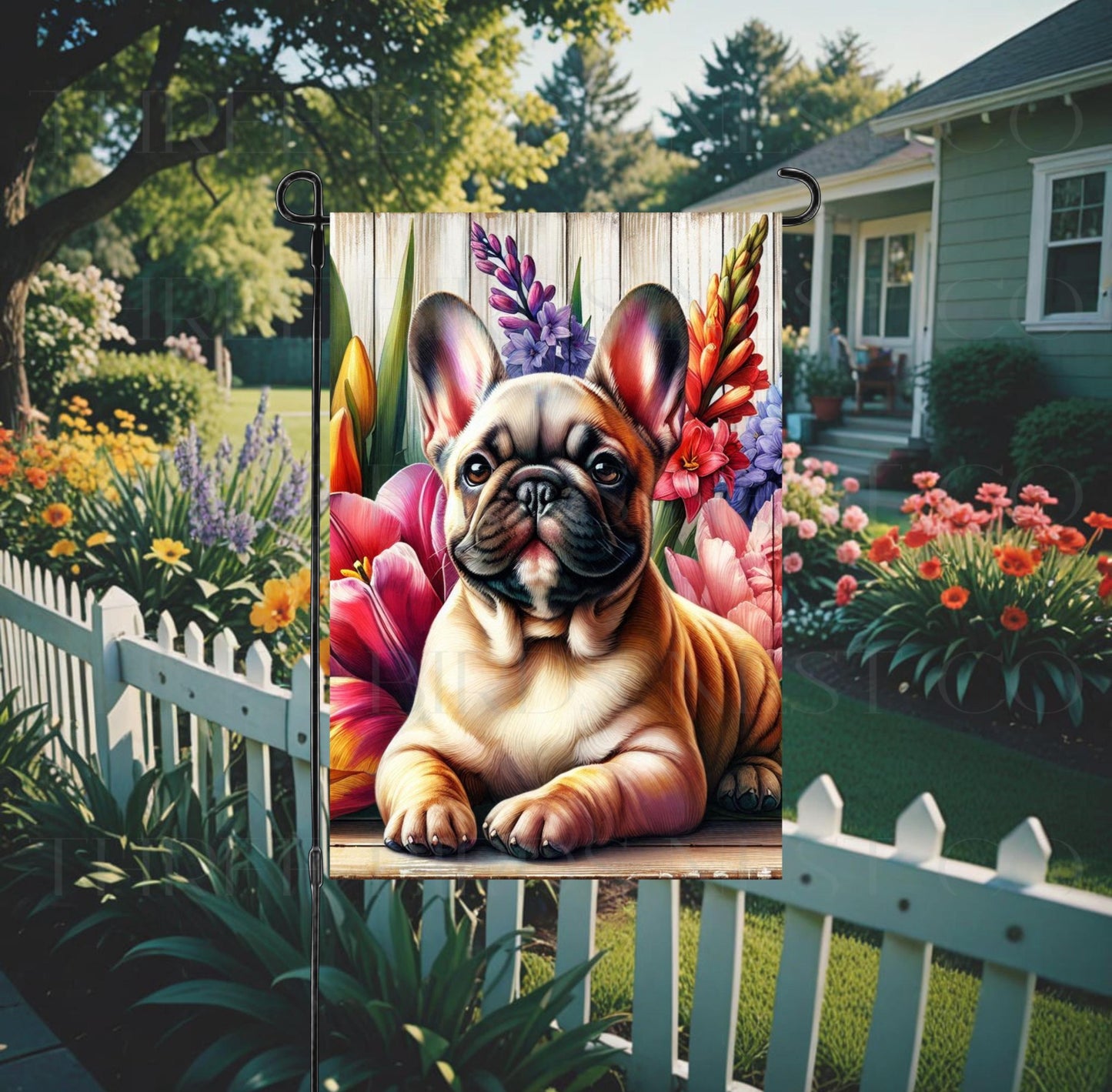 A beautiful fawn French Bulldog dog surrounded by gorgeous flowers.