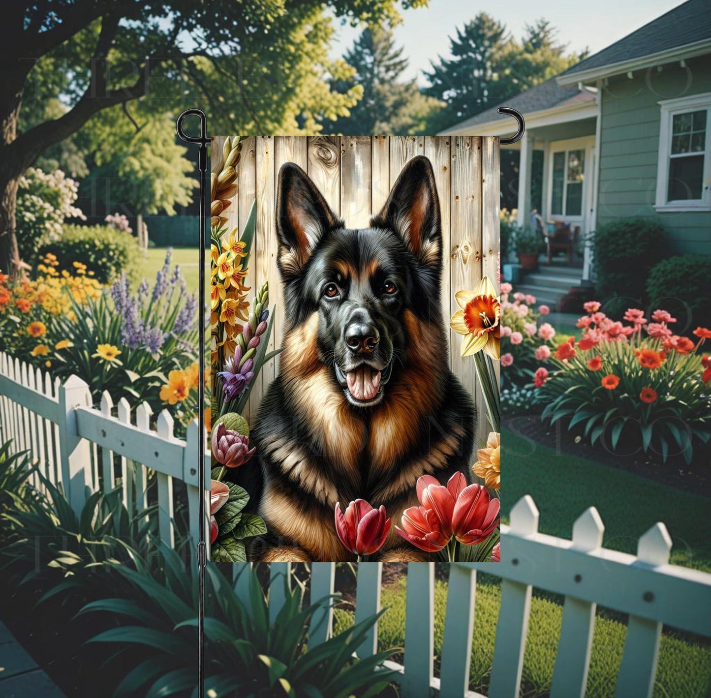 A beautiful black and tan German Shepherd dog surrounded by gorgeous flowers.
