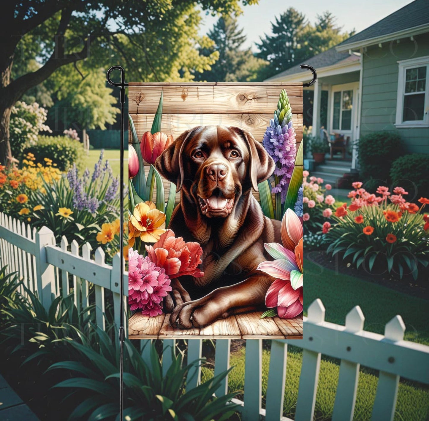 A beautiful chocolate Labrador Retriever dog surrounded by gorgeous flowers.