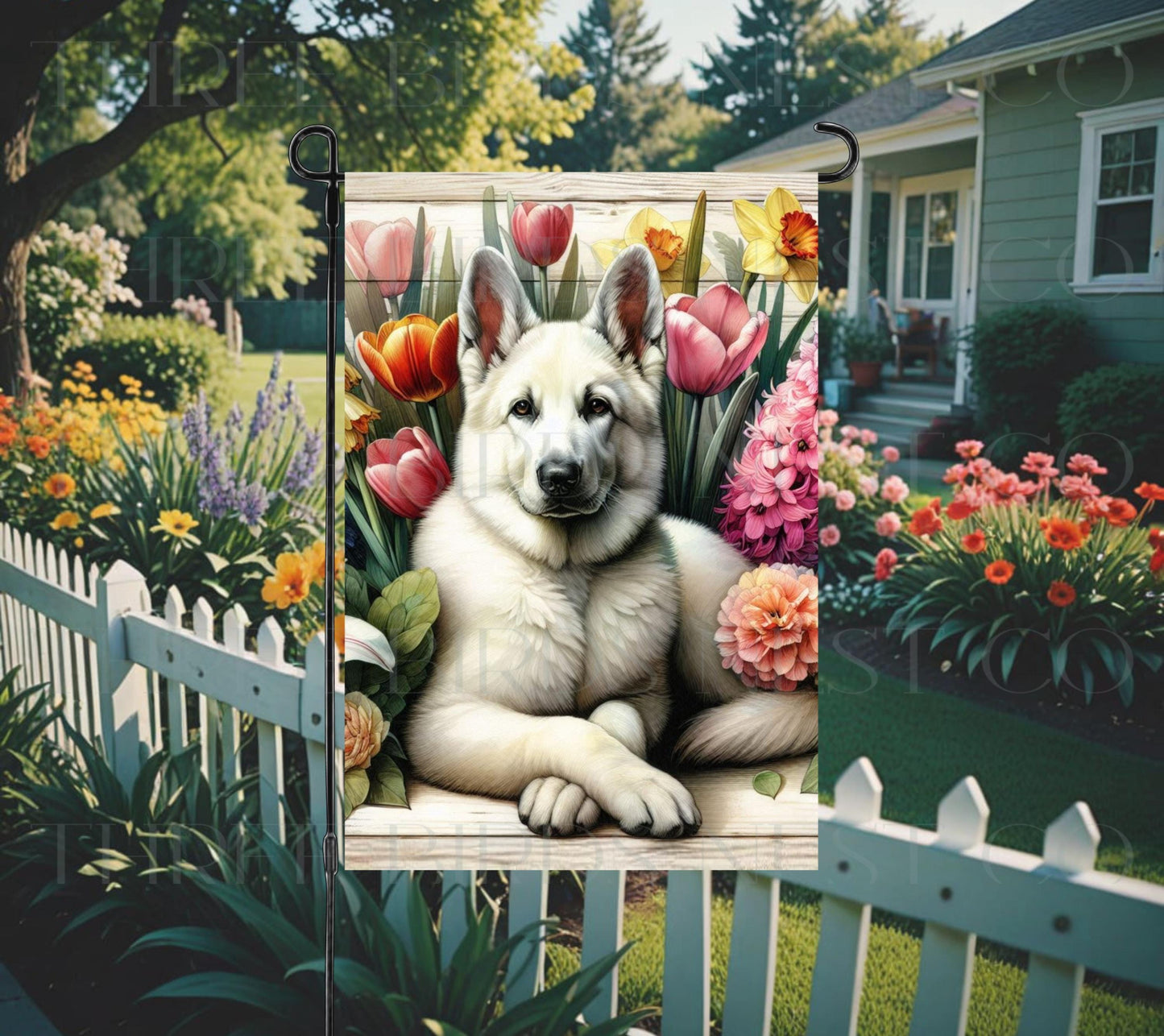 A beautiful white German Shepherd dog surrounded by gorgeous flowers.