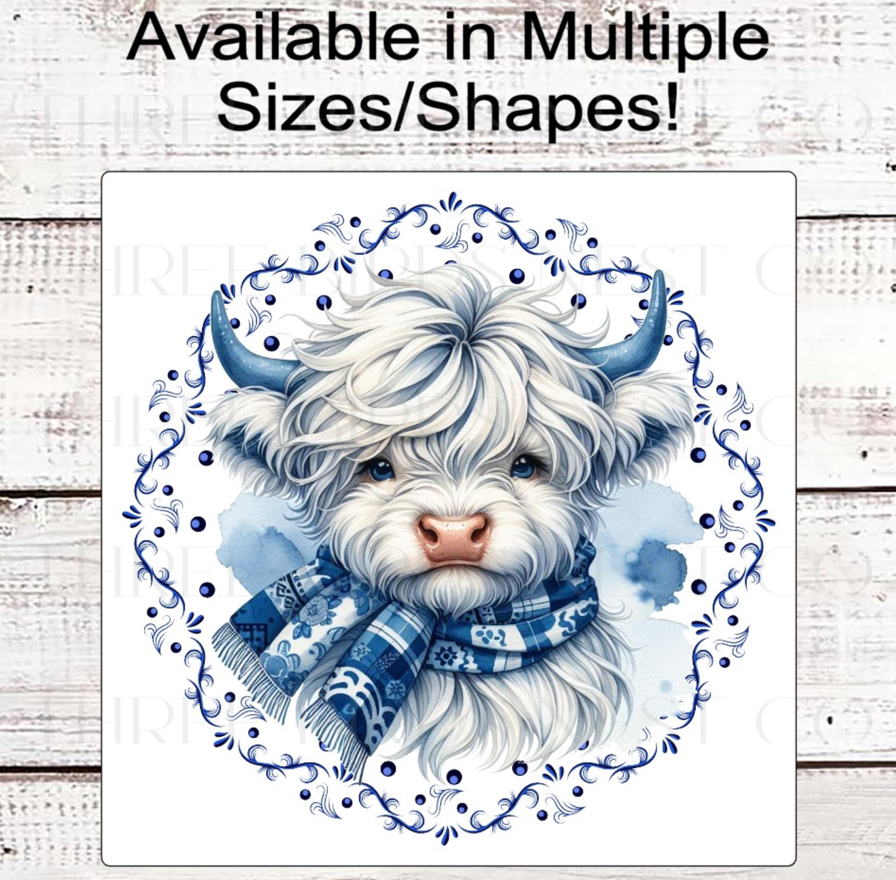 Highland Cow Wreath Sign, Rustic Farmhouse, Blue and White Chinoiserie