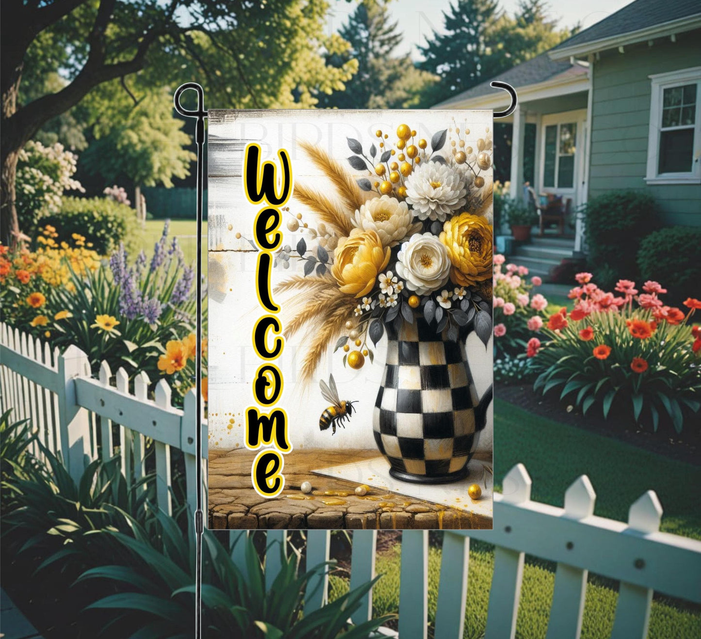 This beautiful checkered vase with bright yellow peonies and spring flowers will be perfect for your yard decor.