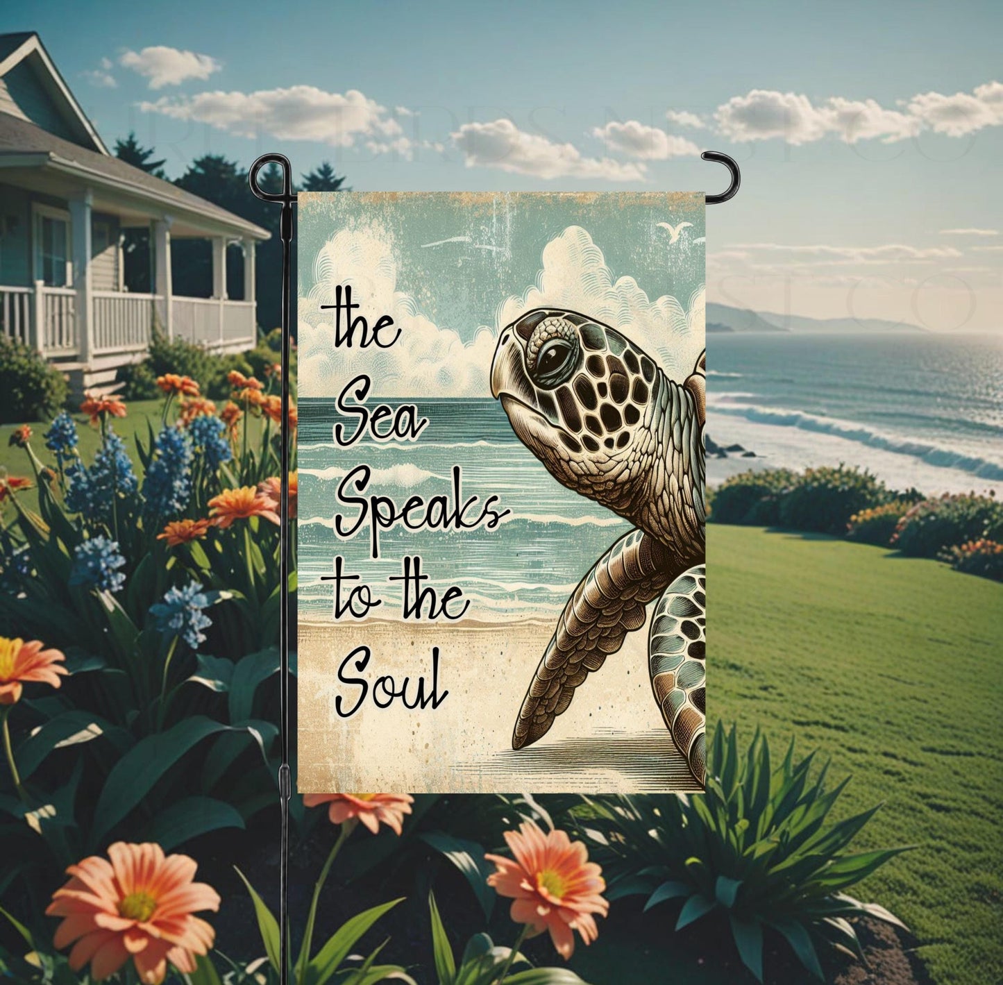 The Sea Speaks to the Soul! This gorgeous Garden Flag features a beautiful Turtle on a beach with an ocean view and will be perfect beach decor.