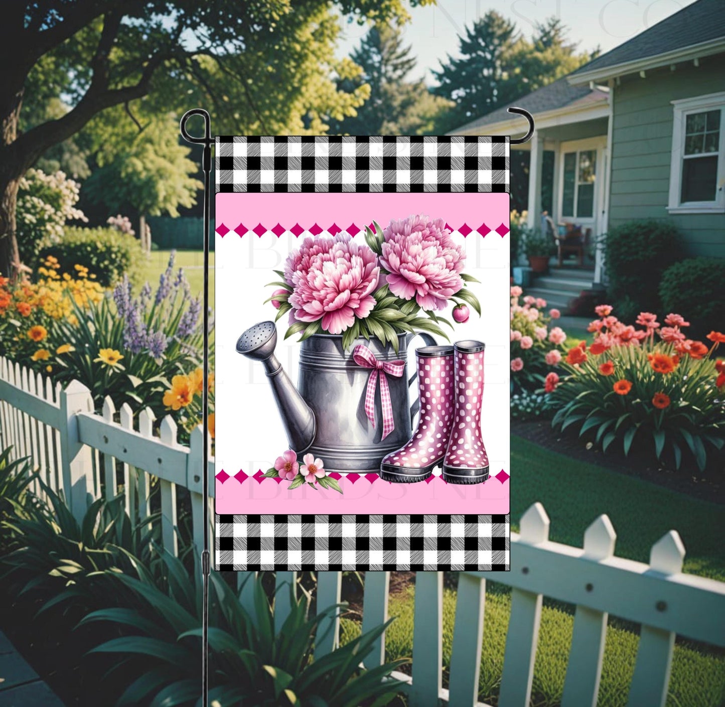 This watering can with bright oink peonies and rubber boots will be perfect for your yard decor.
