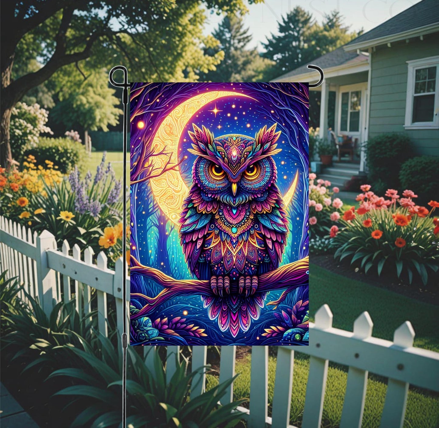 A vibrant illustration of a zentangle Owl on a branch in front of a crescent moon.
