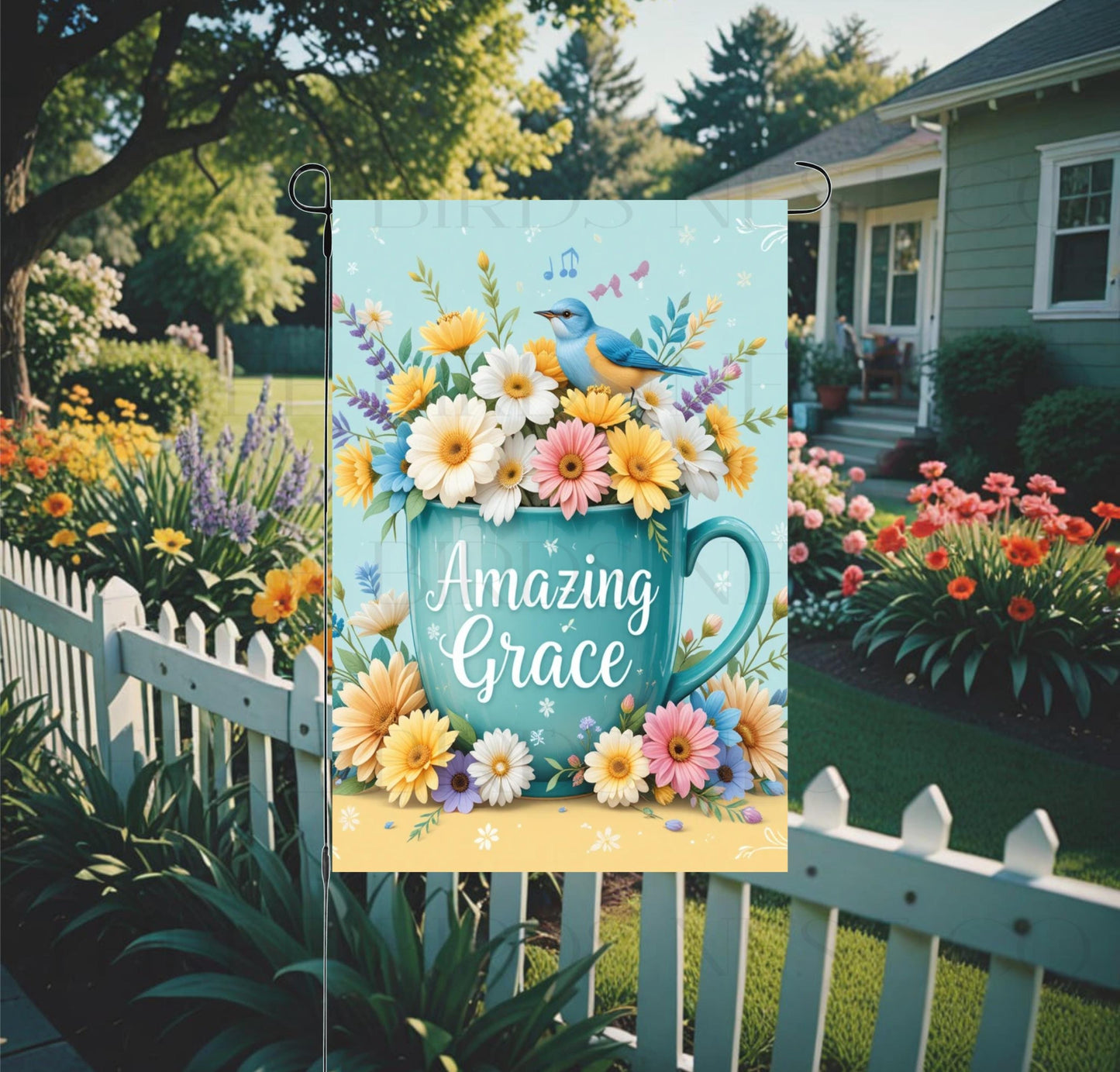A beautiful floral Songbird Amazing Grace Garden Flag