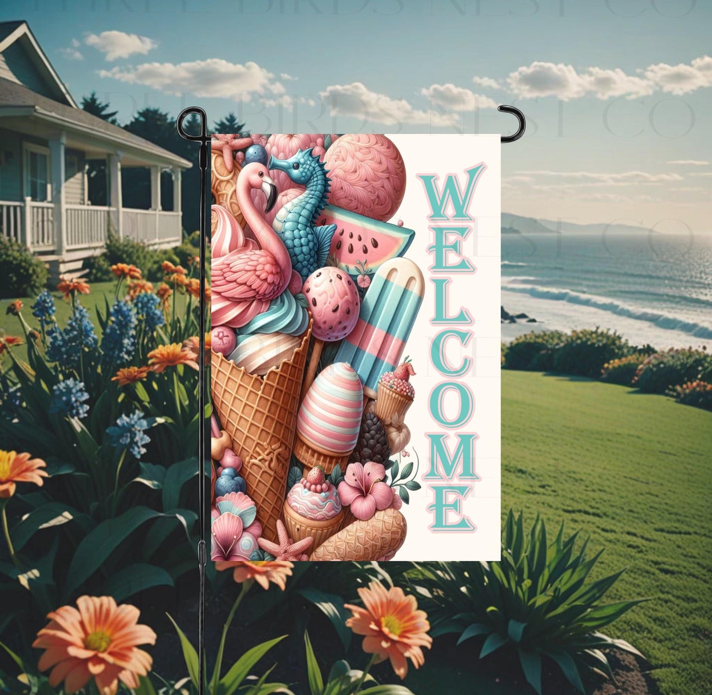Beach Welcome Double-Sided Garden Flag. Sweet Summertime, Flamingo Ice Cream, Seahorse, Hibiscus Flower