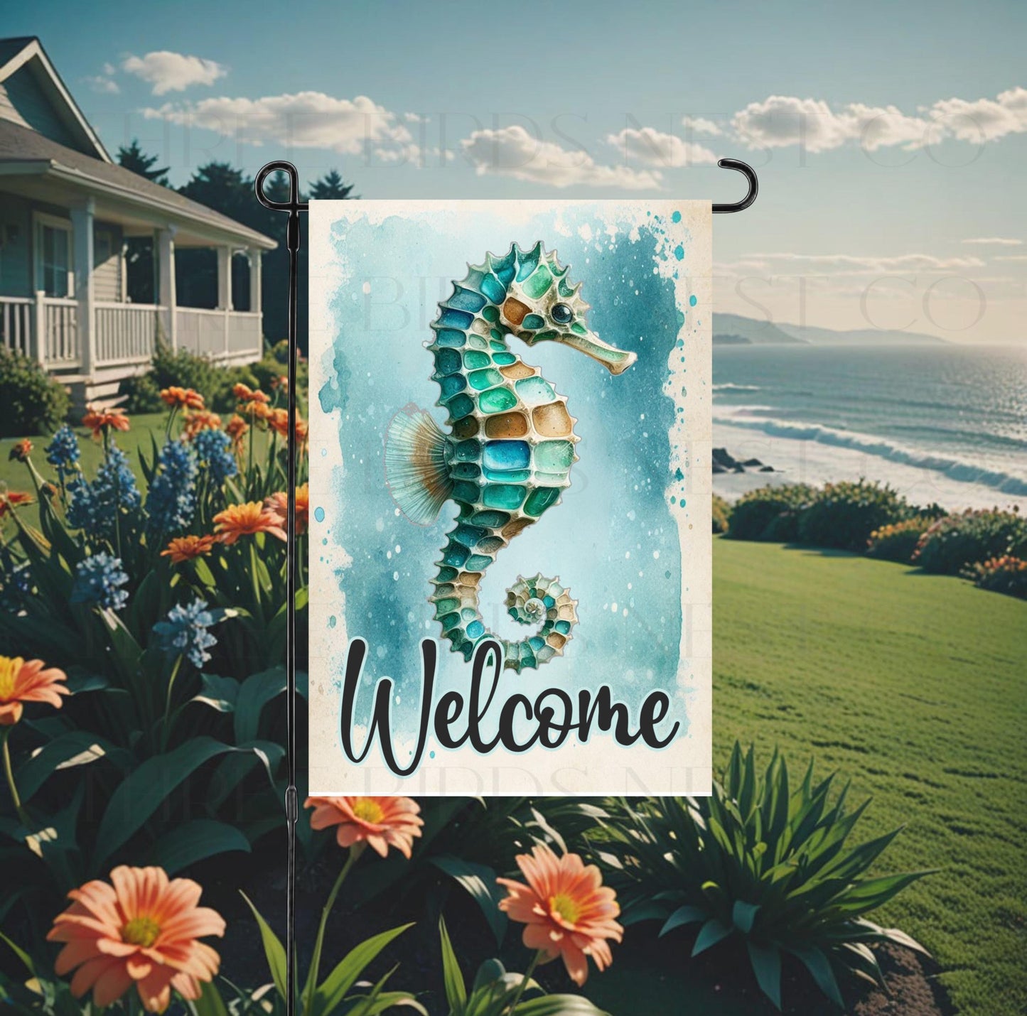 Seahorse Garden Flag, Beach Welcome, Ocean Sea Glass Lover, Nautical Decor