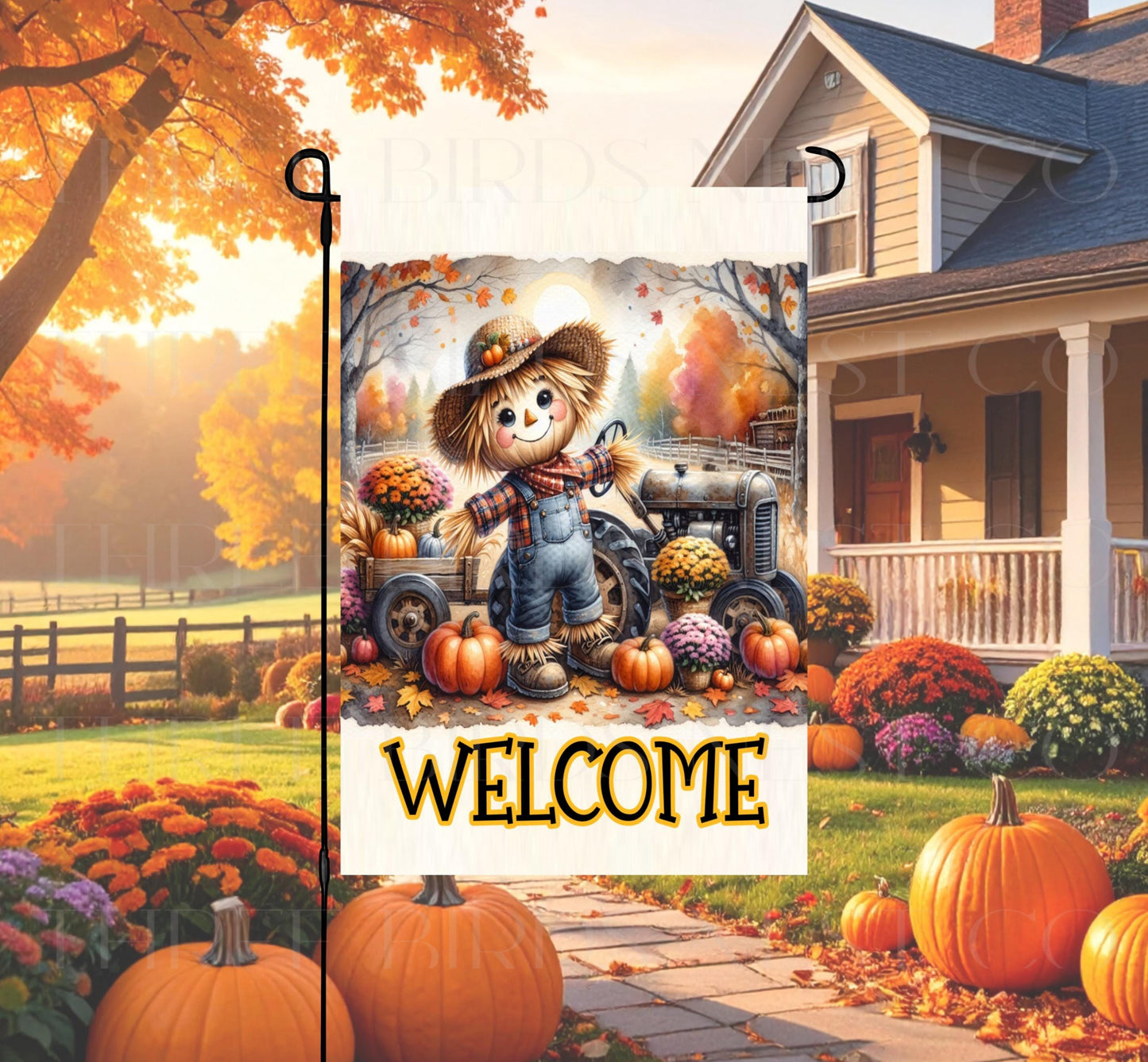 Fall Double-Sided Garden Flag, Scarecrow Decor, Autumn Pumpkins, Rustic Farmhouse, Tractor Decor