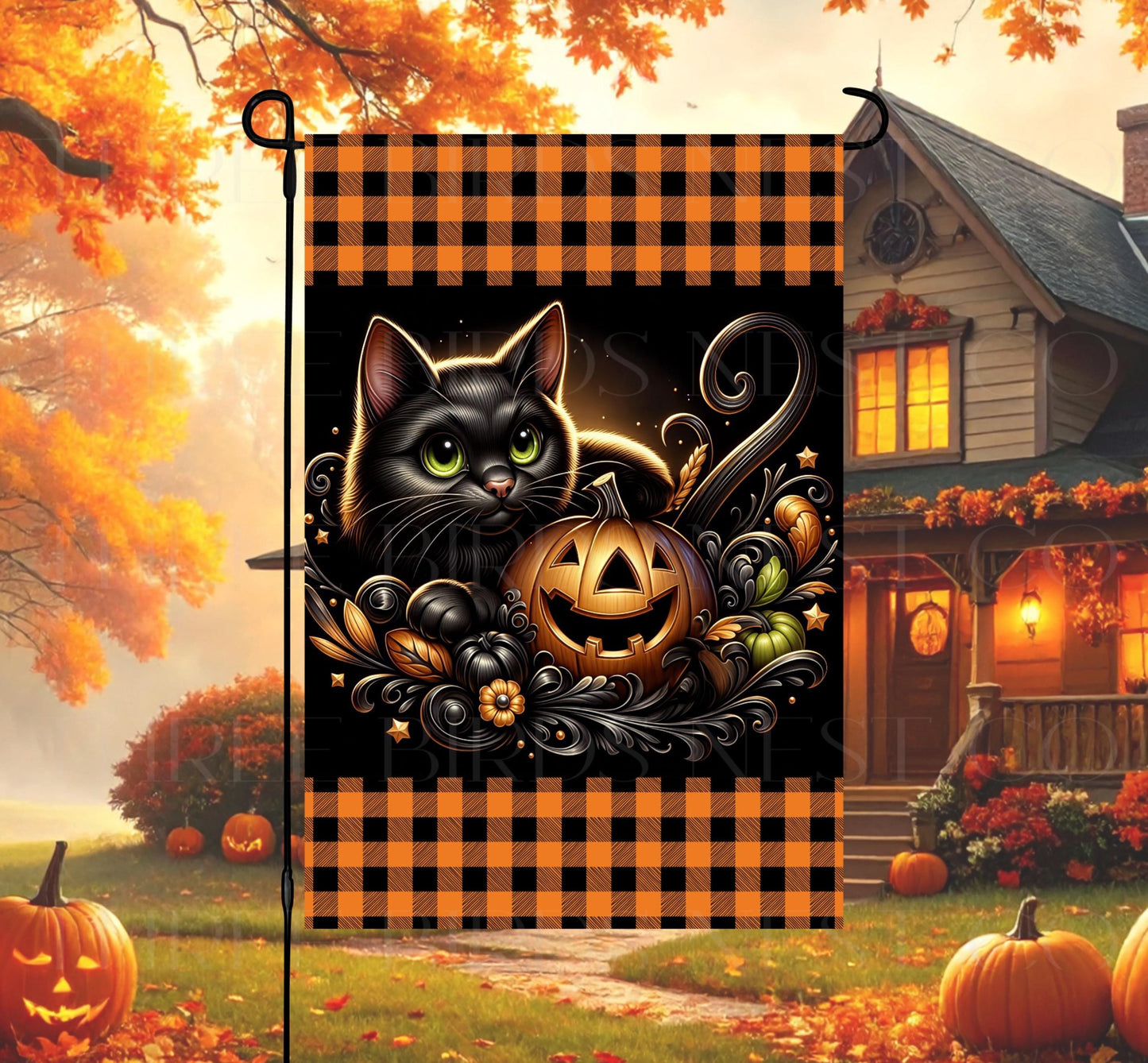 Halloween Double-Sided Garden Flag, Black Cat Lover, Jack O Lantern Decor