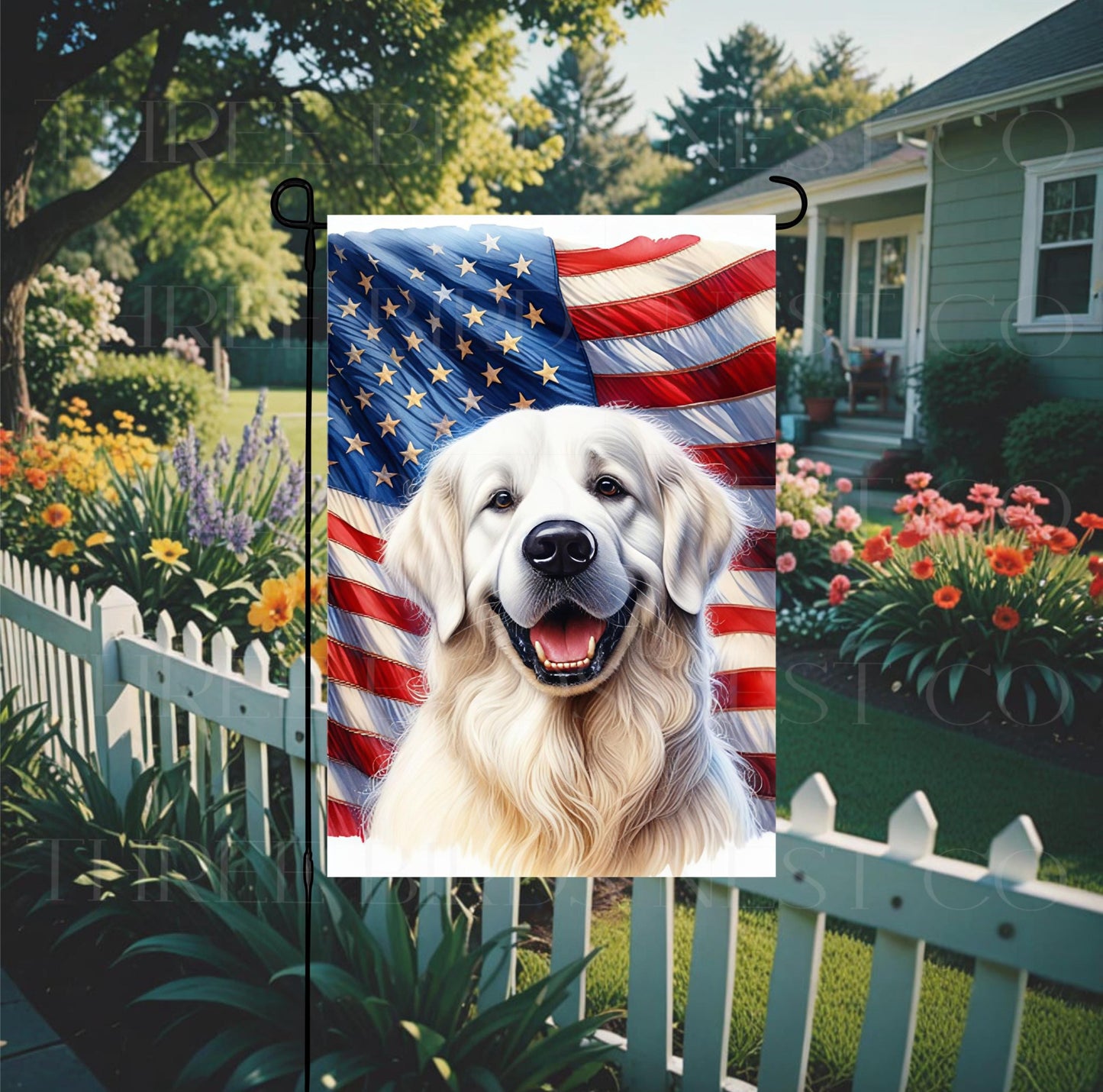 Patriotic Dog Double-Sided Garden Flag, English Cream Golden Retriever, Beach Fireworks, 4th of July Decor