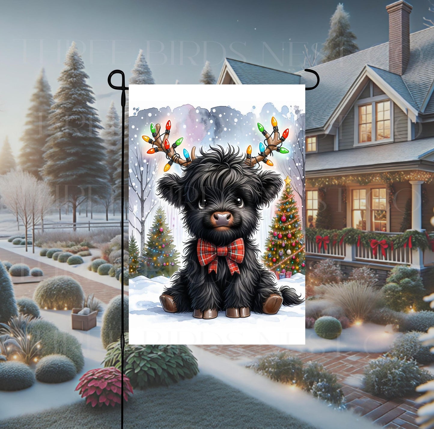 Christmas Double-Sided Garden Flag, Scottish Highland Cow