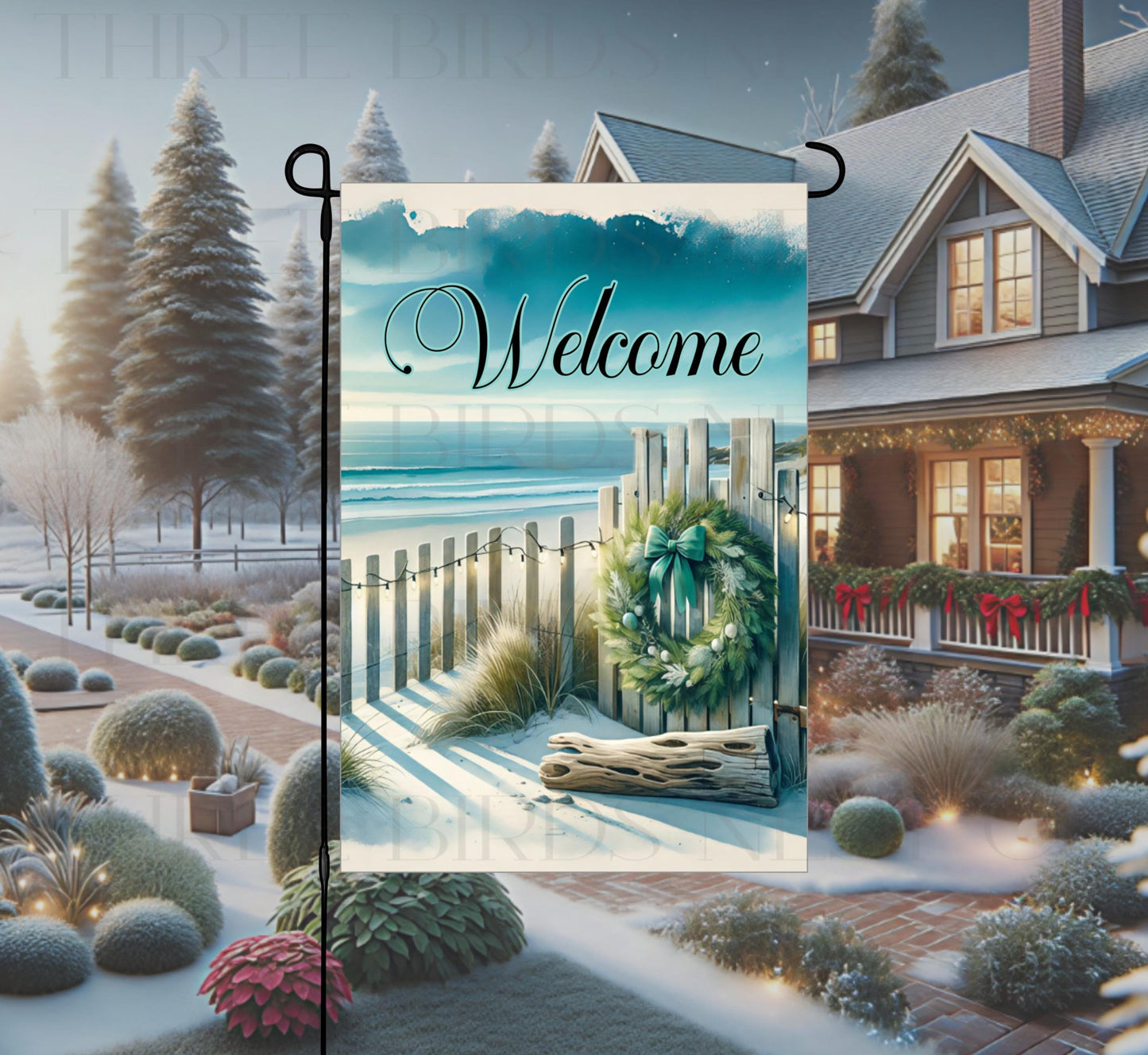Christmas Double-Sided Garden Flag, Beach Wreath Welcome, Sand Dunes