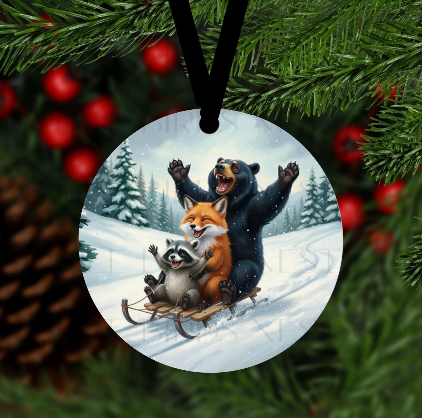 Bear Raccoon and Fox Snow Day Double-Sided Metal Christmas Ornament, Sledding Fun
