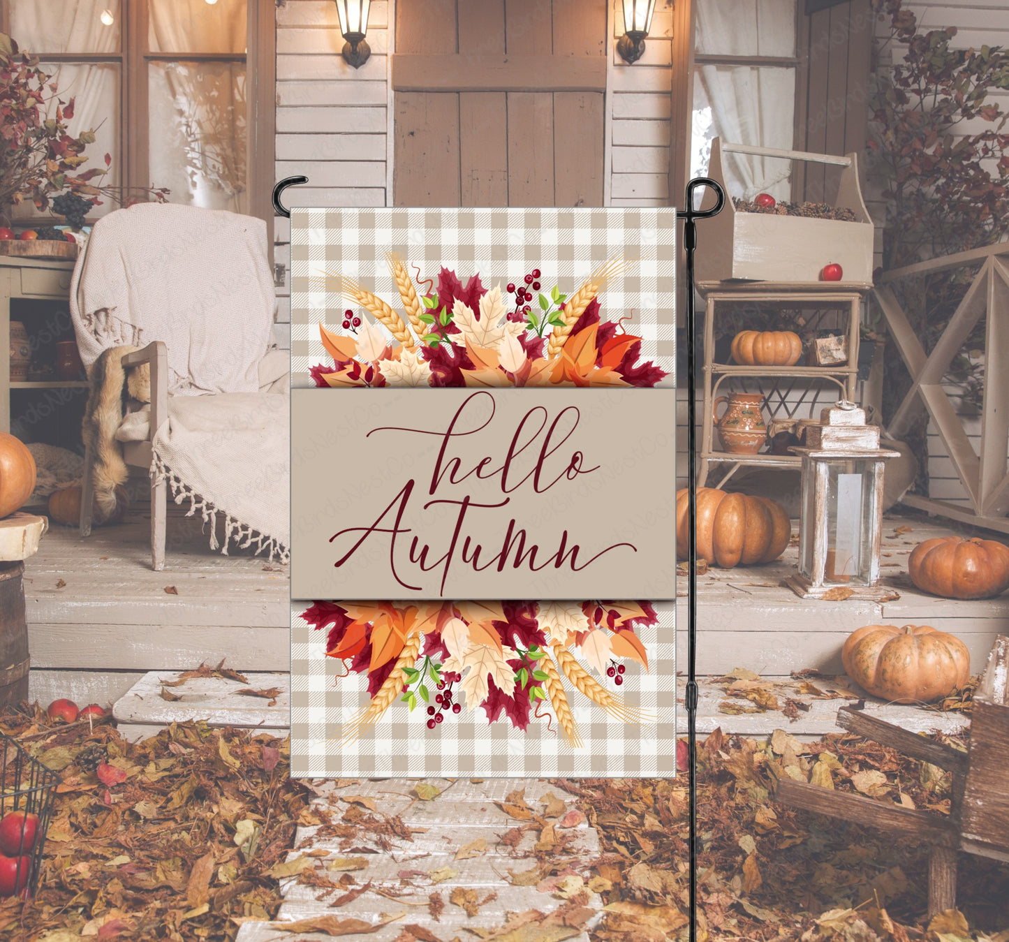 Hello Autumn Fall Leaves Double Sided Garden Flag