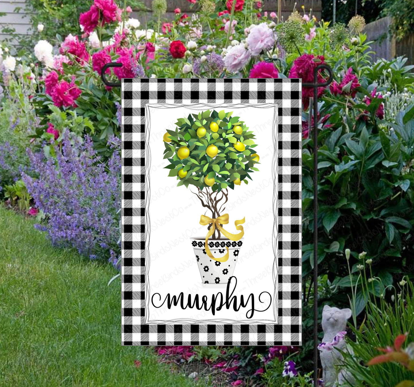 Personalized Lemons and Buffalo Plaid Welcome Garden Flag