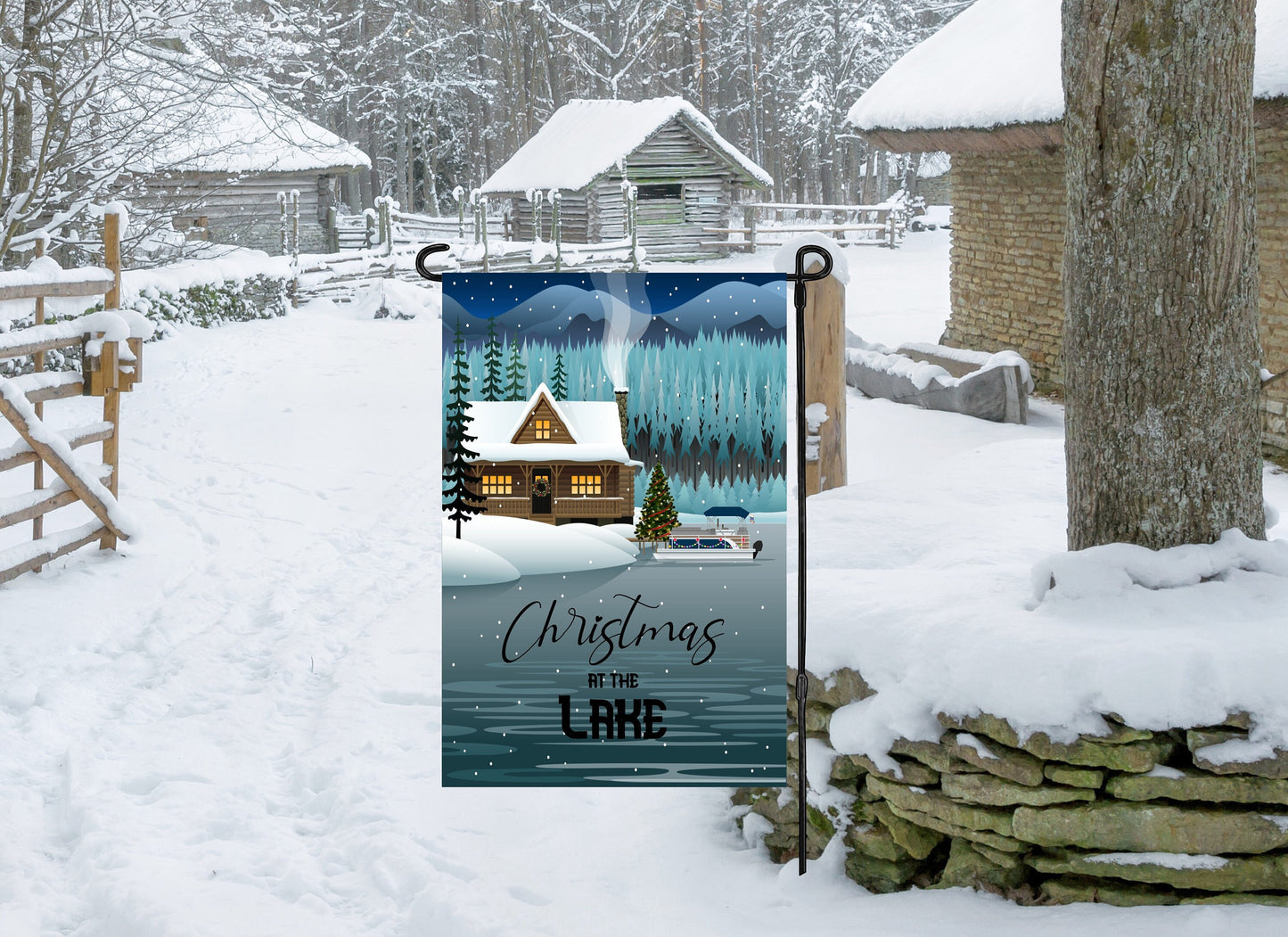 Christmas at the Lake - Pontoon Boat Flag - Christmas Garden Flag - Pontoon Boat Gifts- Lake Garden Flag- Double Sided Garden Flag