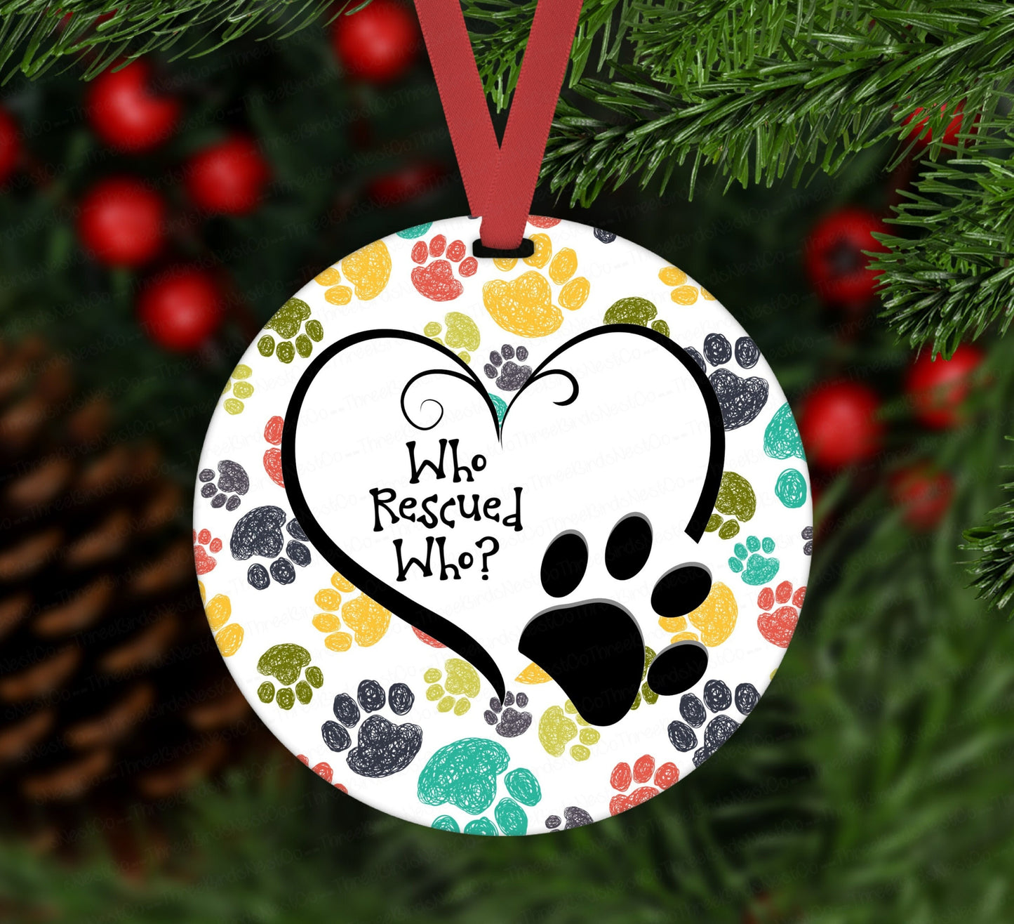Christmas Ornament - Dog Ornament - Cat Ornament - Who Rescued Who - Rescue Pet Ornament - Double Sided Ornament - Metal Ornament - ORN25