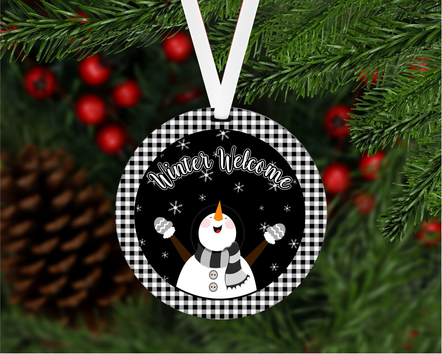 Christmas Ornament - Snowman Face - Let it Snow - Snowflake Ornament - Winter Welcome - Double Sided Ornament - Metal Ornament - ORN32