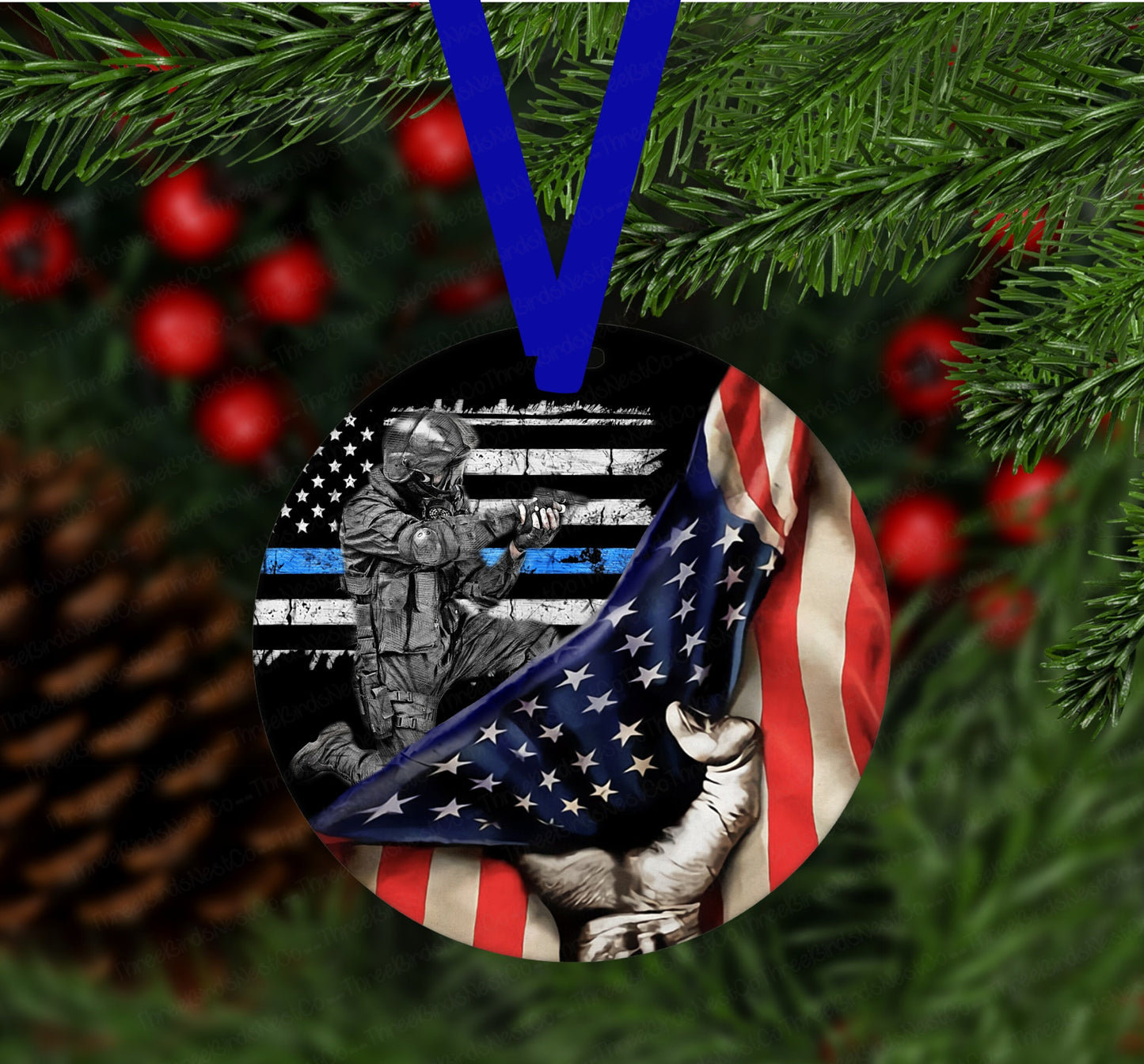 Christmas Ornament - Police Ornament - Police Gifts - Police Cross - Thin Blue Line - Double Sided Ornament - Metal Ornament - ORN55