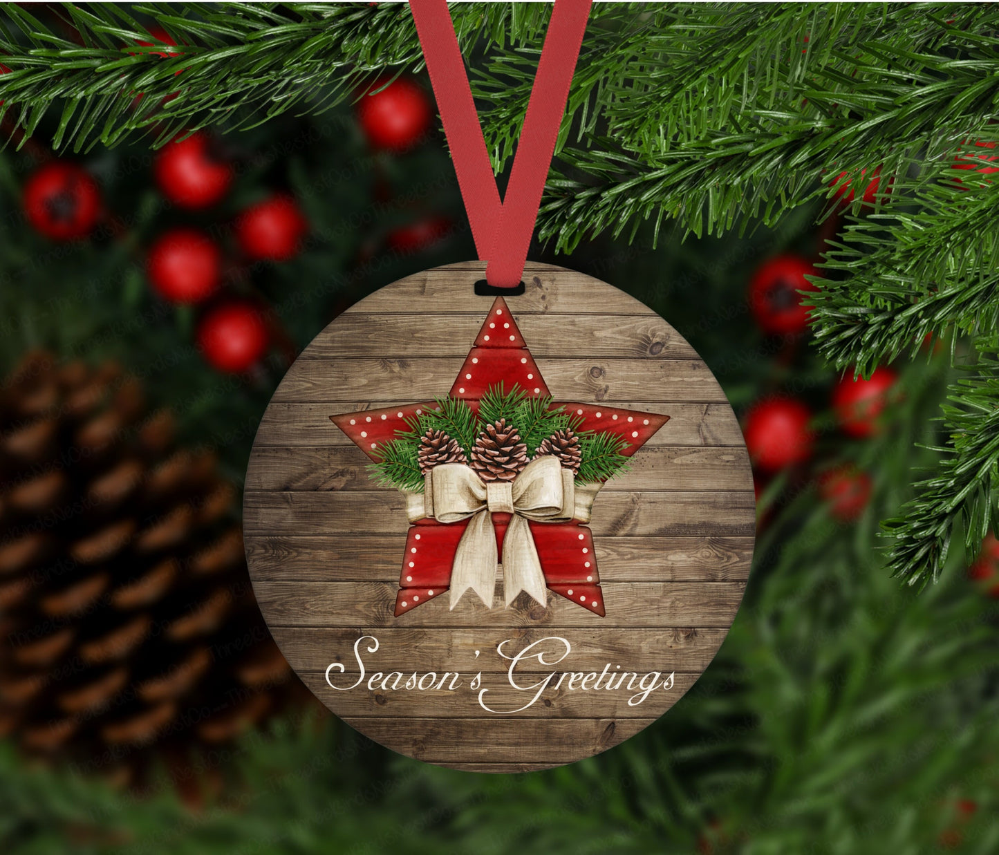 Merry Christmas Ornament - Rustic Farmhouse Ornament - Seasons Greetings - Star Ornament - Double Sided Ornament - Metal Ornament- ORN64