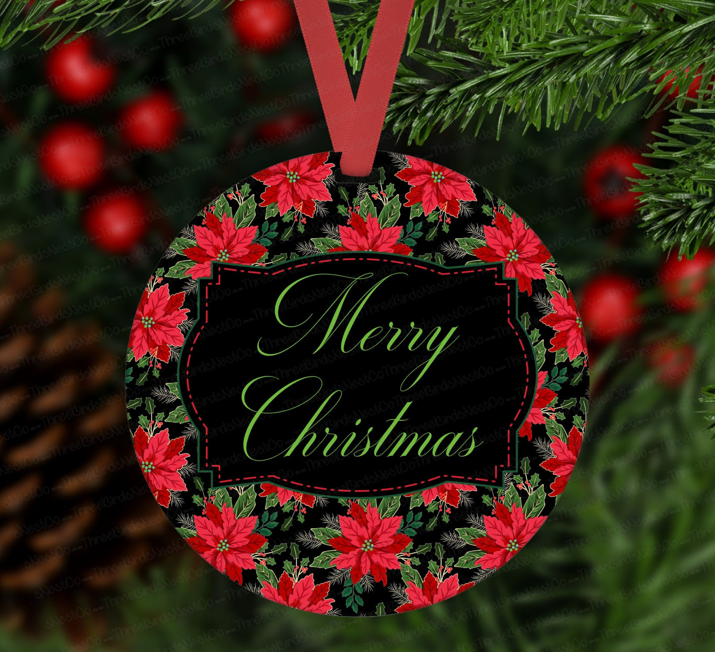 Christmas Ornament - Poinsettia Ornament - Merry Christmas Ornament - Double Sided Ornament - Metal Ornament - ORN8