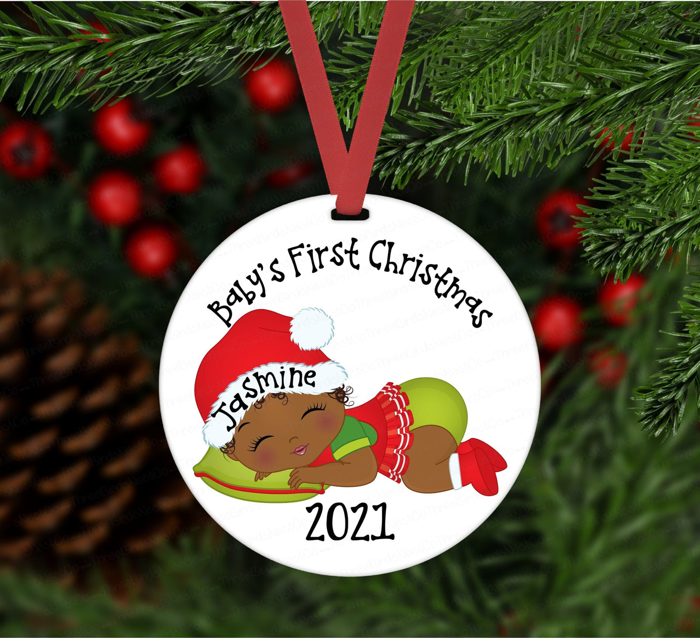Babys First Christmas Ornament - Childrens Ornament - African American Girl - Personalized Ornament - Double Sided Ornament - ORN3