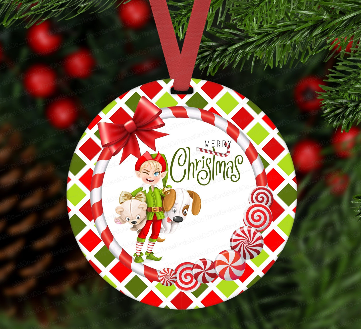 Christmas Ornament - Elf Ornament - Christmas Candy Ornament - Santa Claus Ornament - Double Sided Ornament - Metal Ornament - ORN17