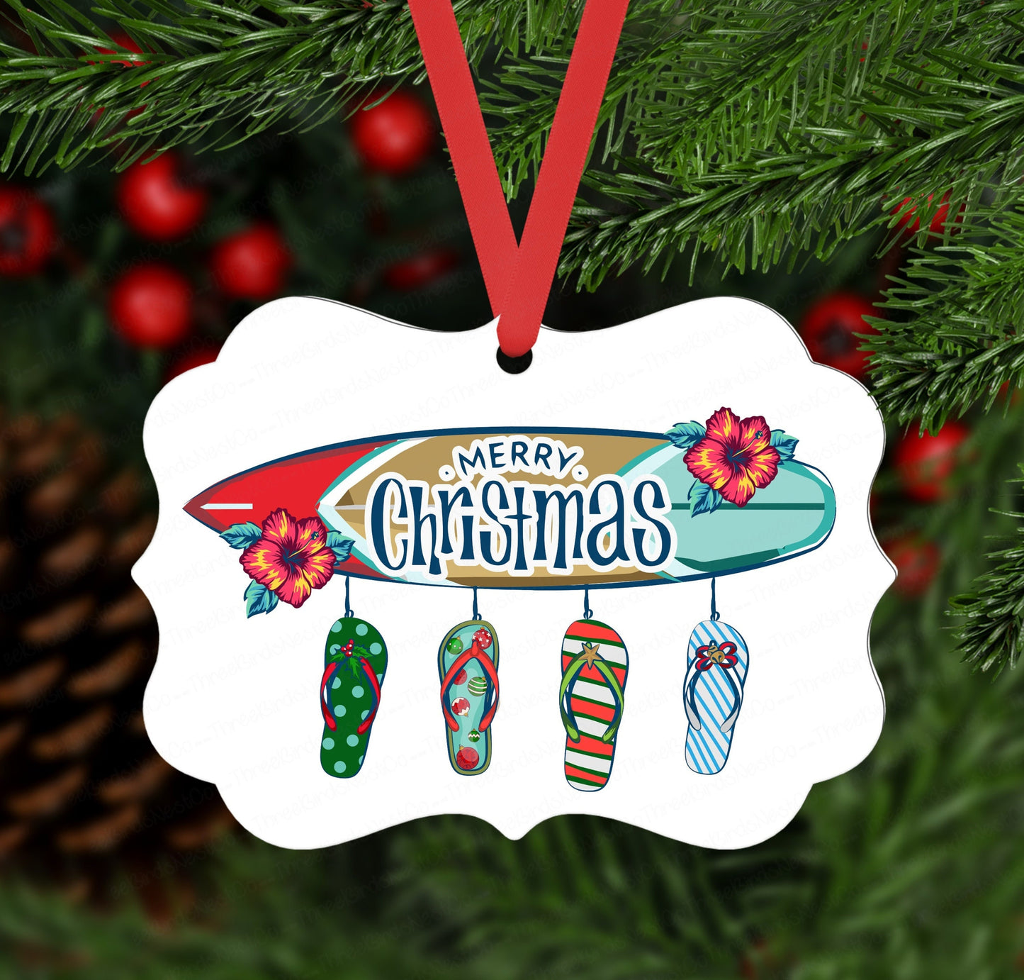 Beach Christmas Ornament - Surfboard Ornament - Flip Flops Ornament - Double Sided Ornament - Metal Ornament - ORN85