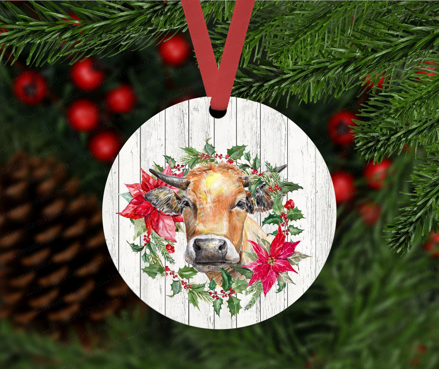 Christmas Ornament - Cow Ornament - Farm Animals - Poinsettia Ornament - Farmhouse Decor - Metal Ornament - Double Sided Ornament - ORN103